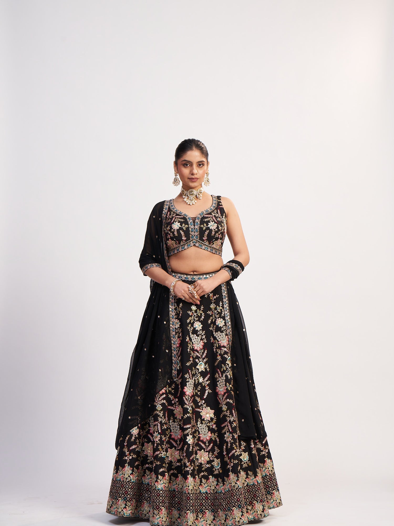 Black Georgette Heavy Crop Top with embroiderry