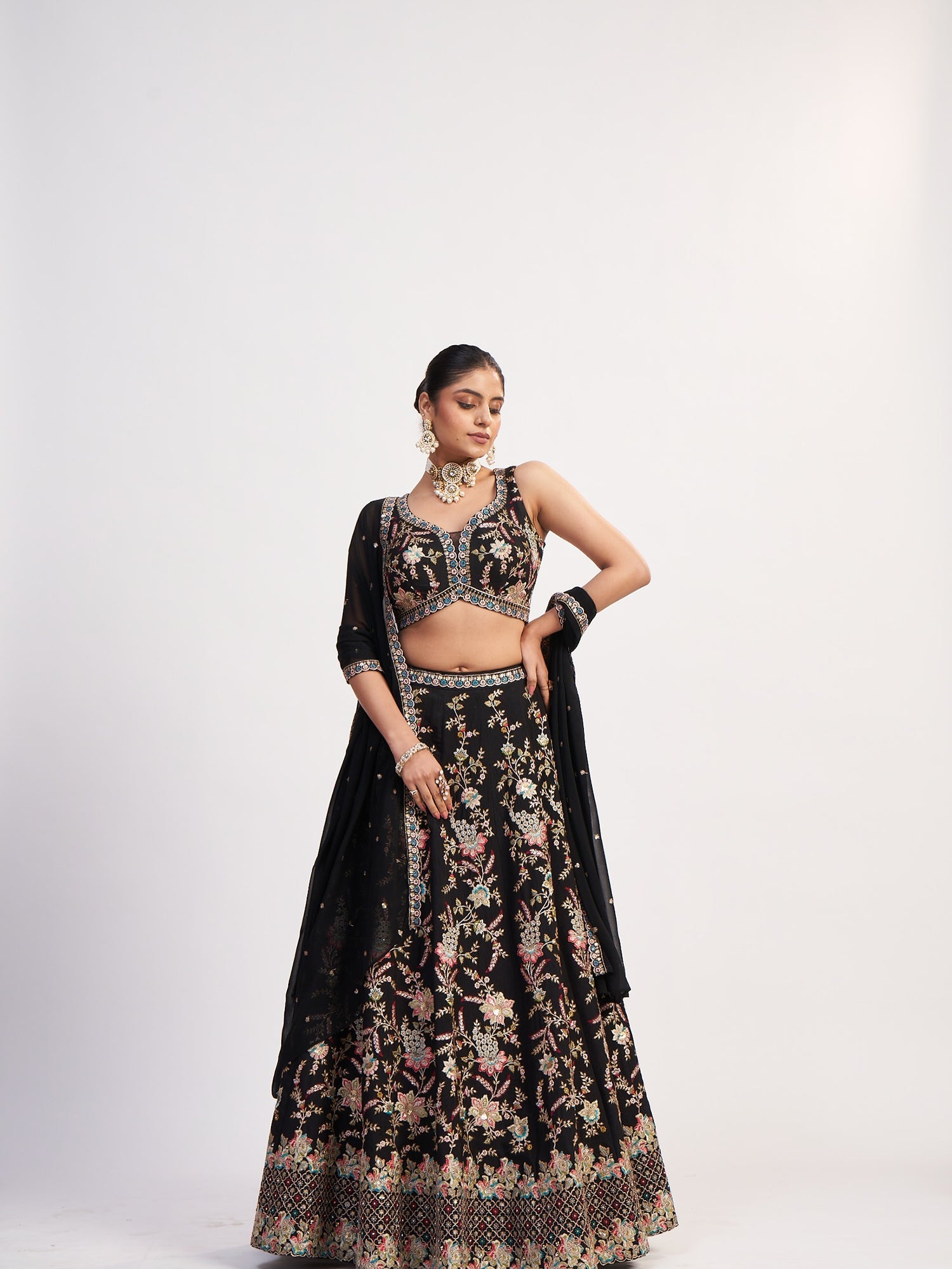 Black Georgette Heavy Crop Top with embroiderry