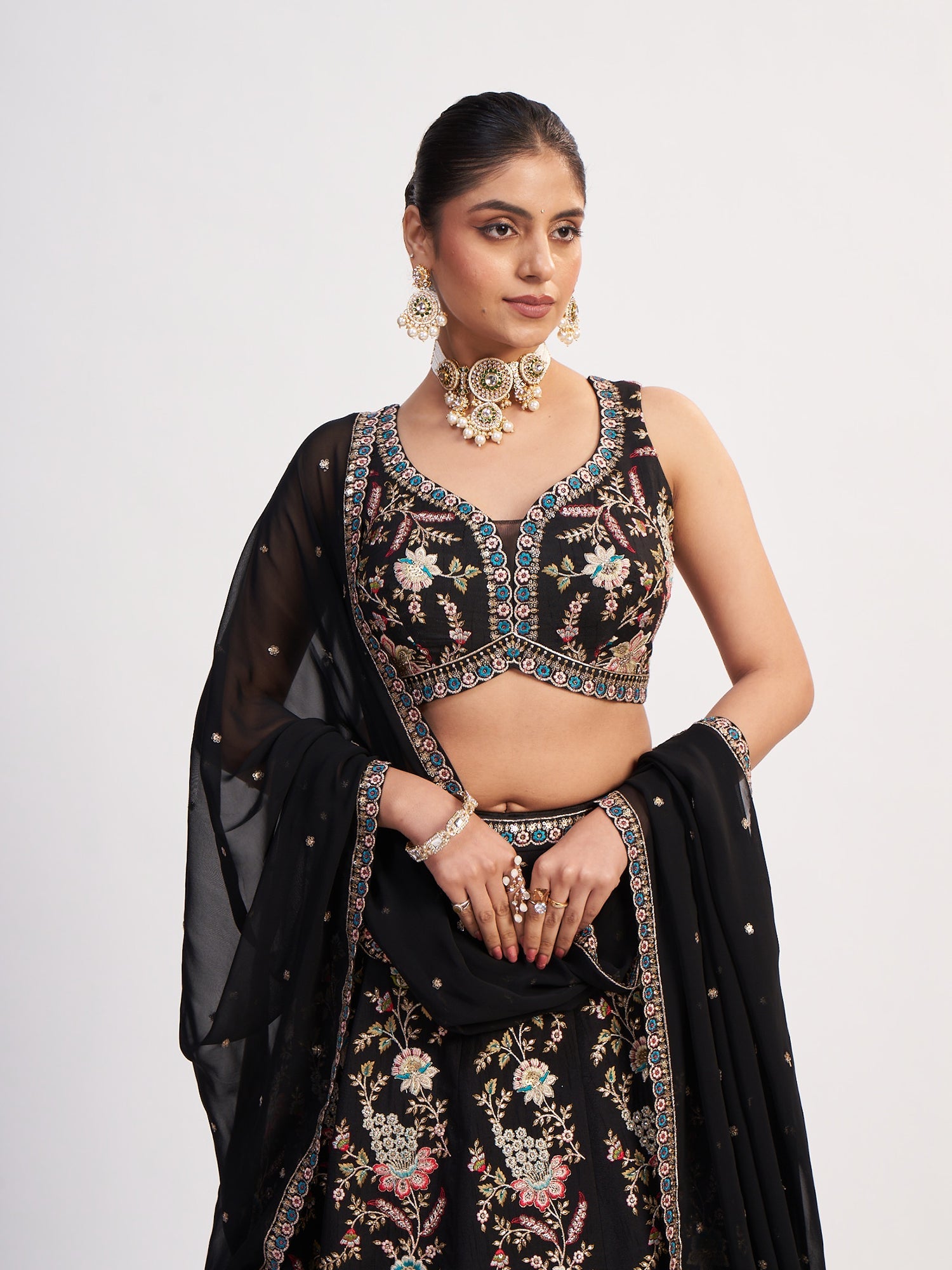 Black Georgette Heavy Crop Top with embroiderry