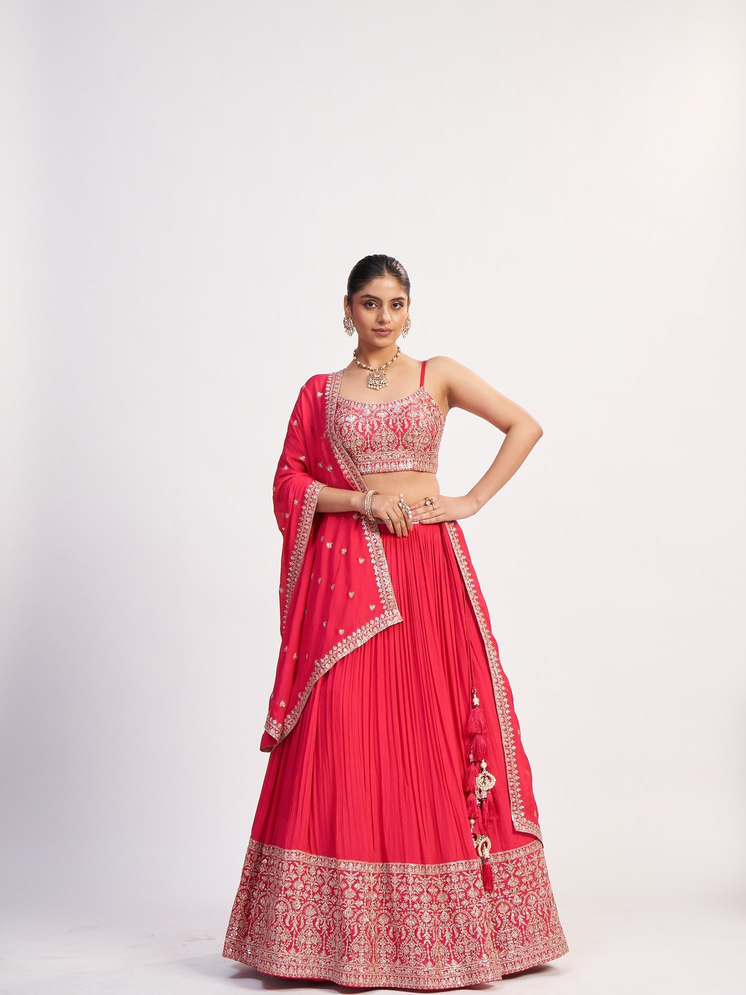 Pink Pure Chinon Lehenga with Thread Embroidery