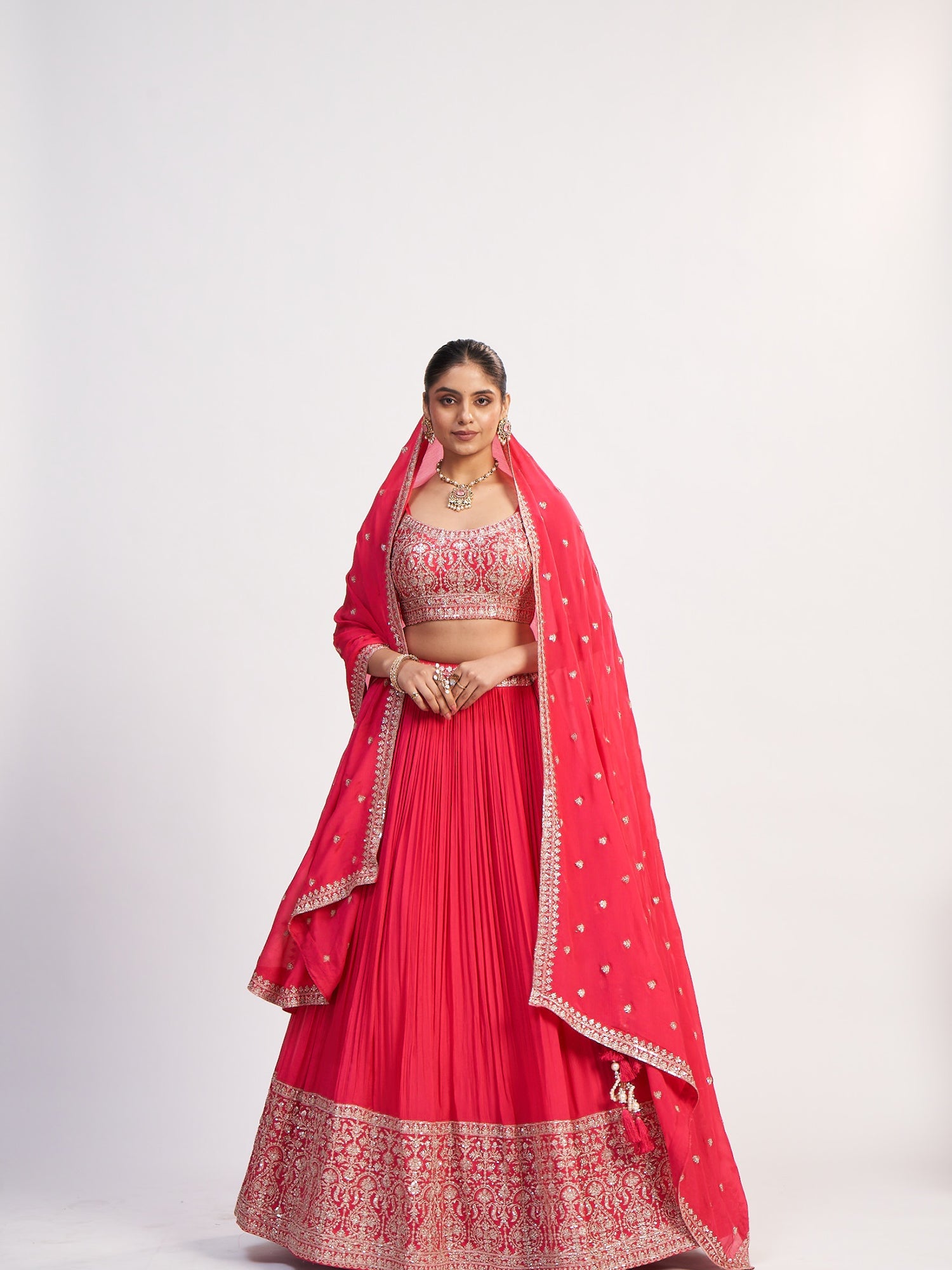 Pink Pure Chinon Lehenga with Thread Embroidery
