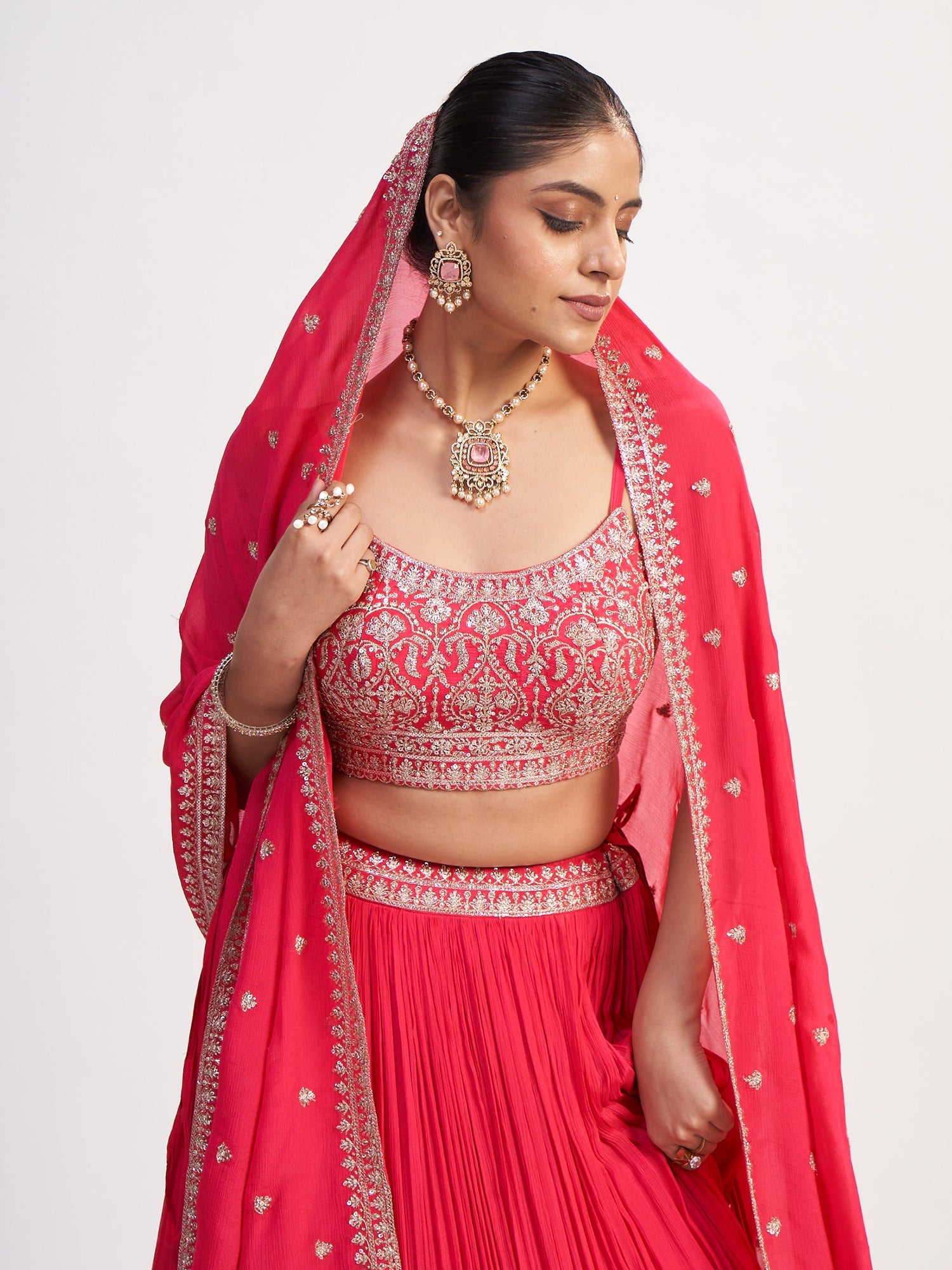 Pink Pure Chinon Lehenga with Thread Embroidery