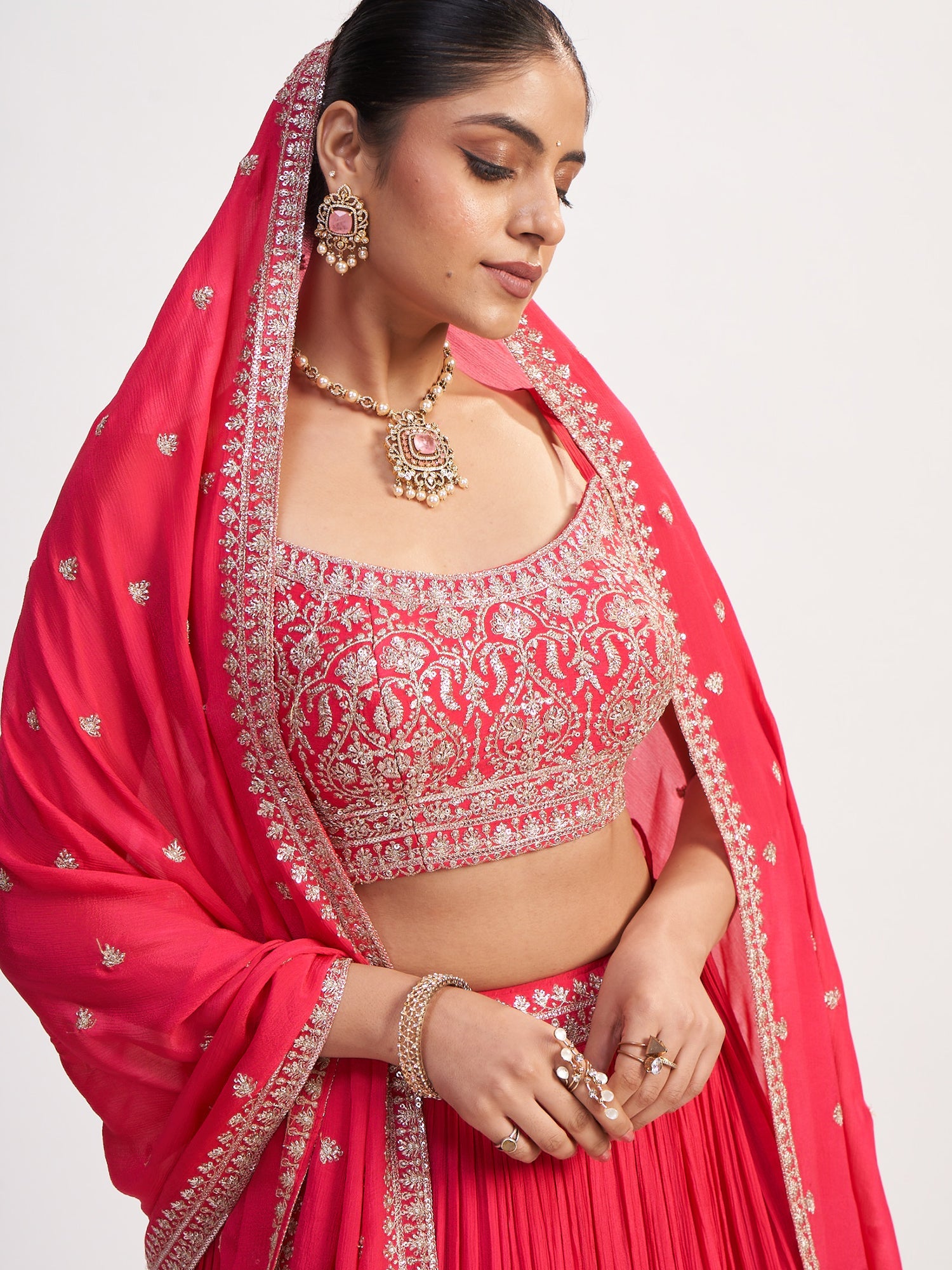 Pink Pure Chinon Lehenga with Thread Embroidery