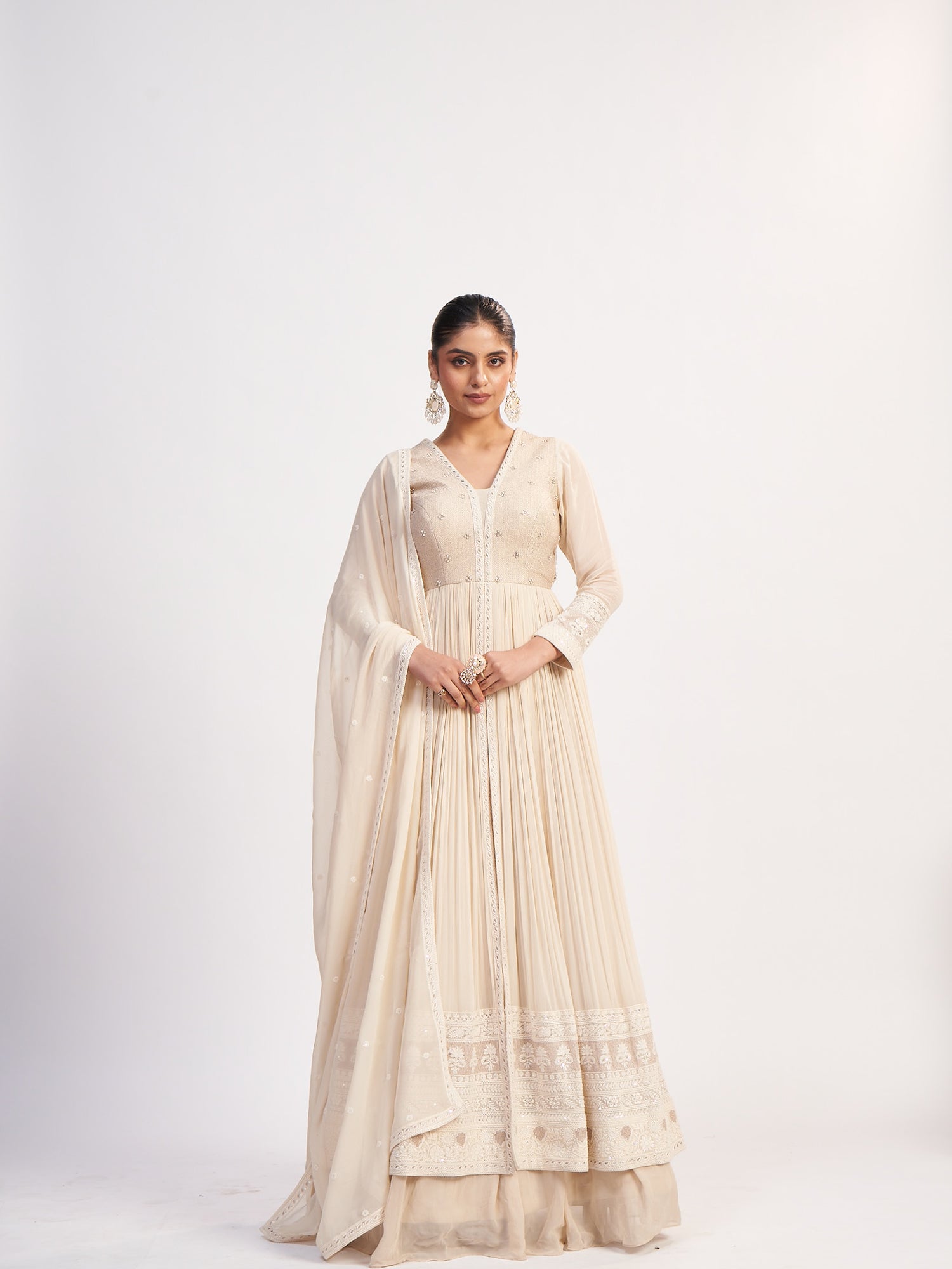 Cream Georgette Gown with Moti Embroidery