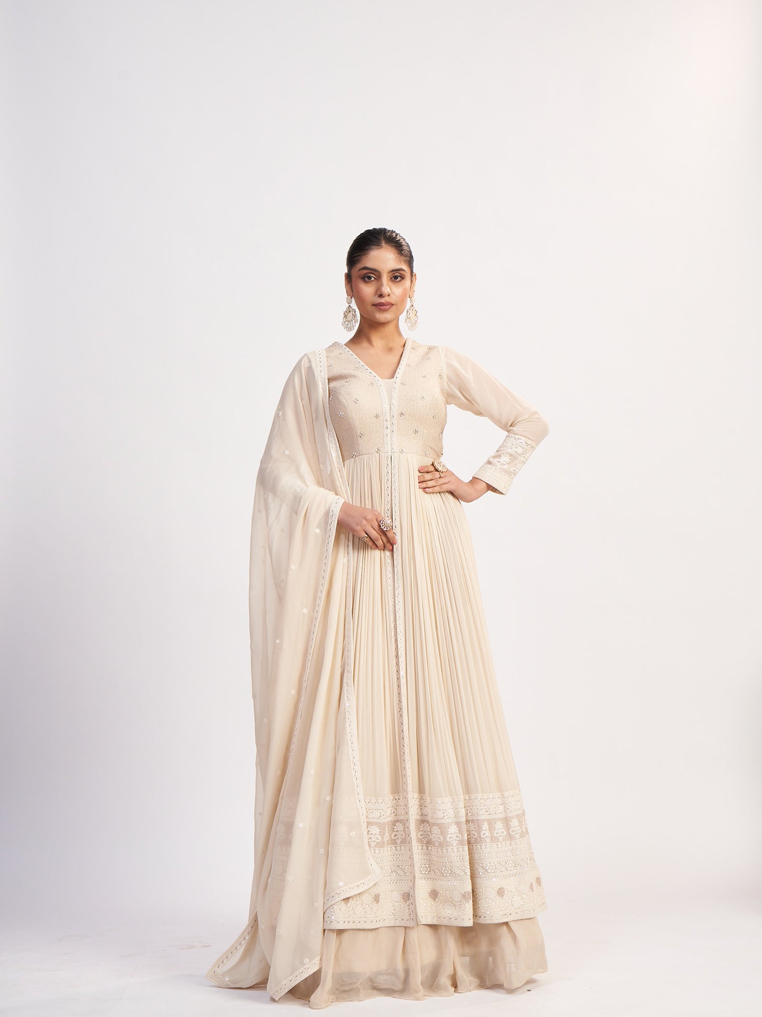 Cream Georgette Gown with Moti Embroidery