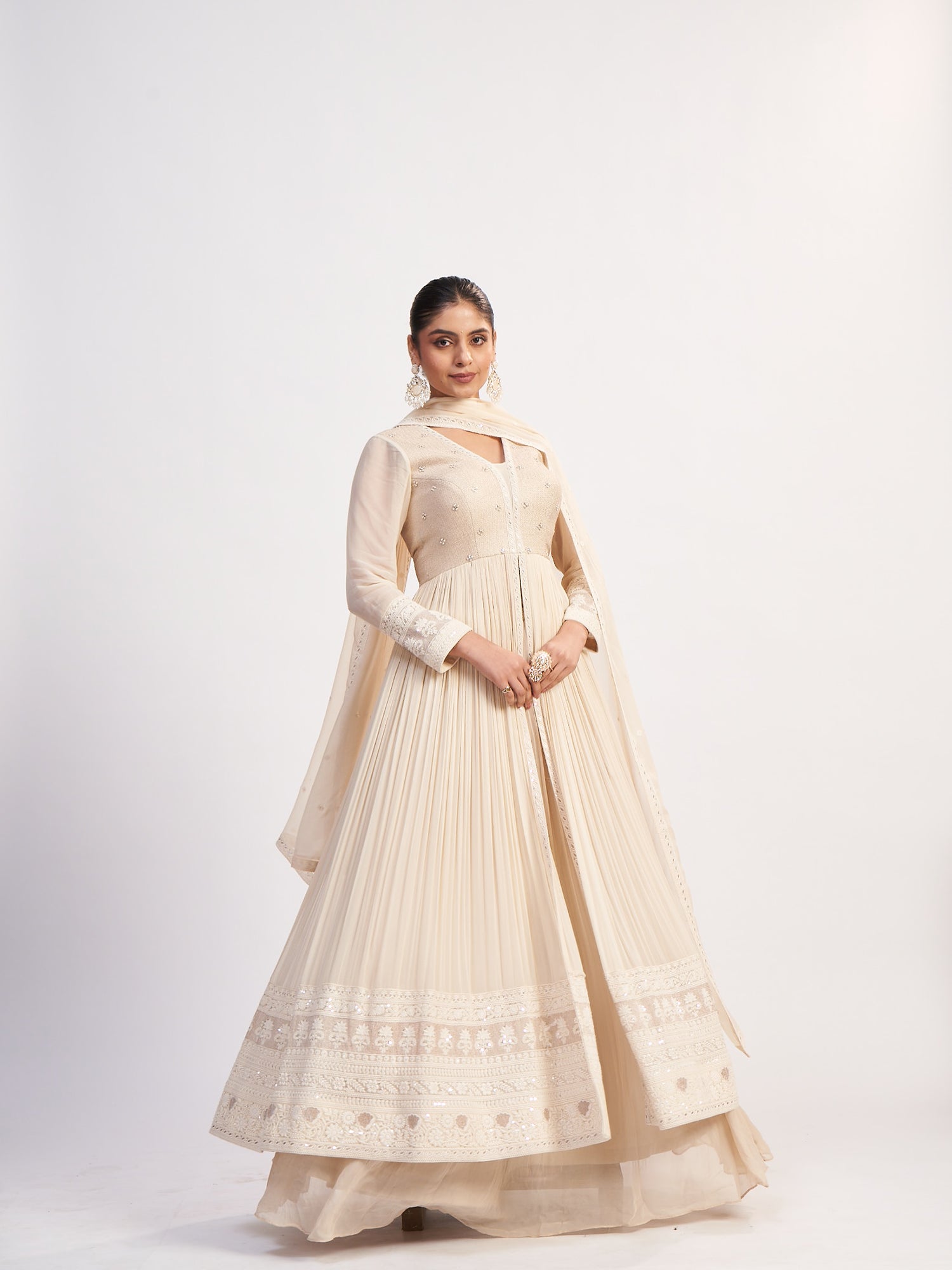 Cream Georgette Gown with Moti Embroidery