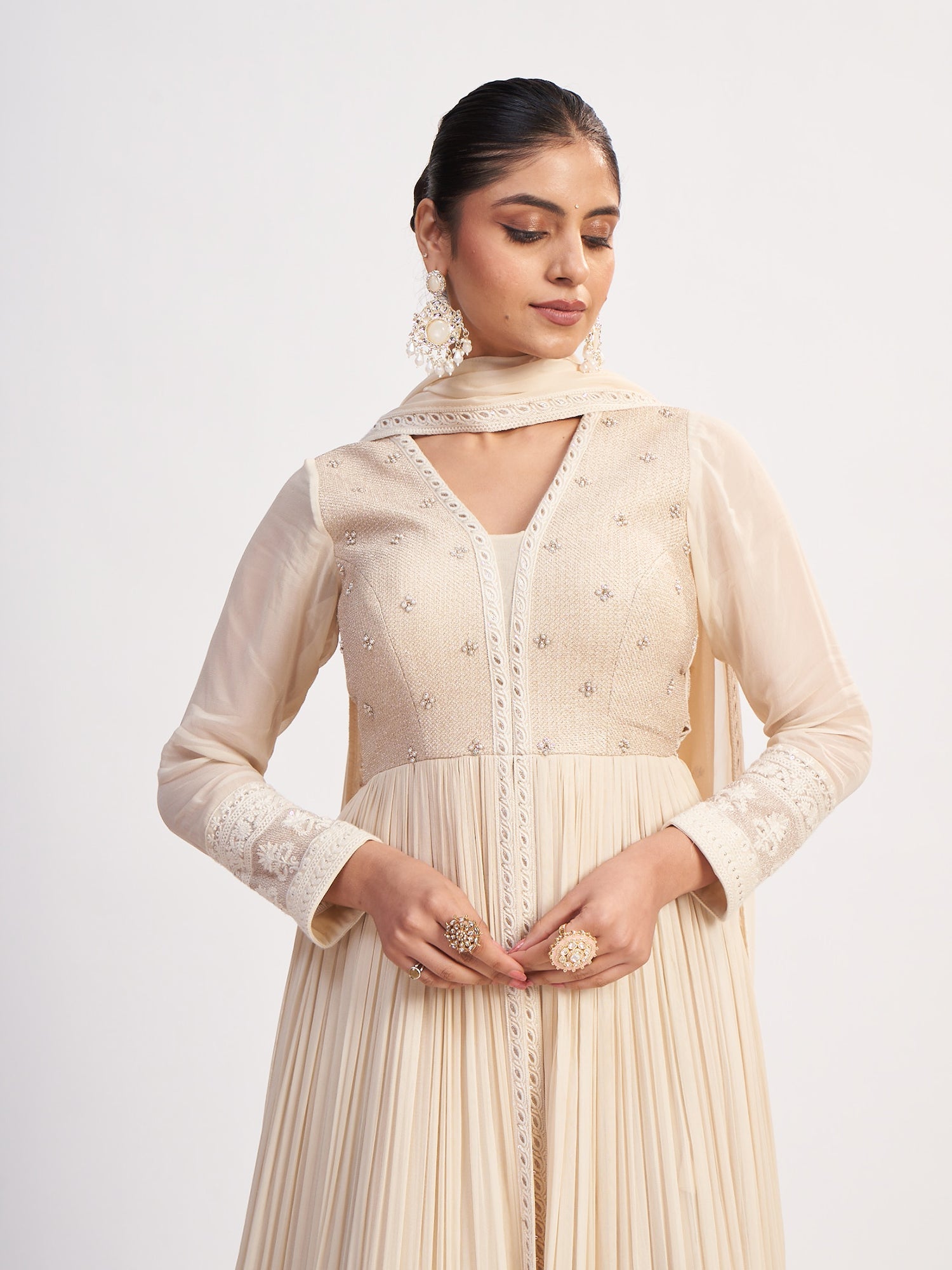 Cream Georgette Gown with Moti Embroidery