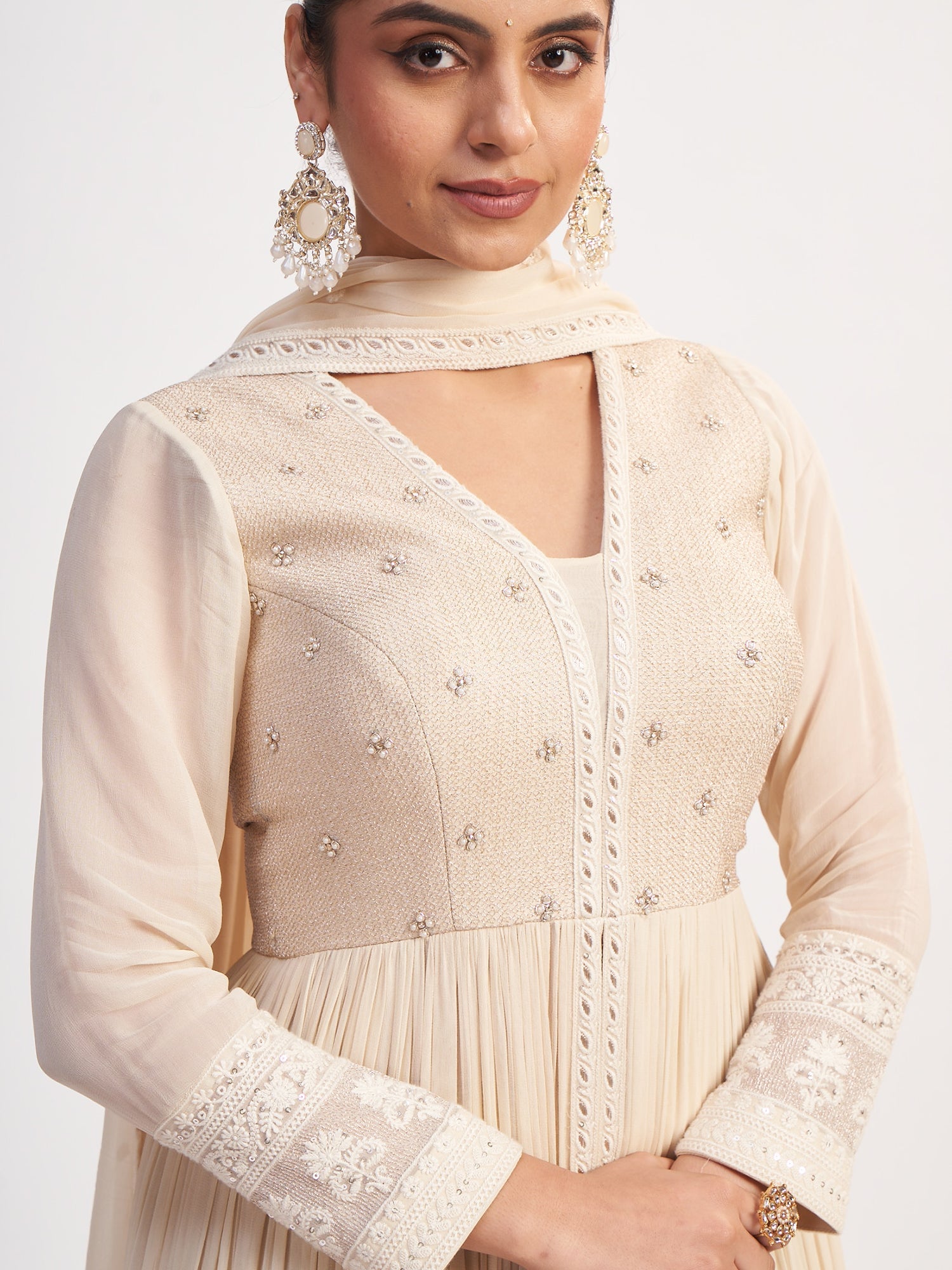 Cream Georgette Gown with Moti Embroidery