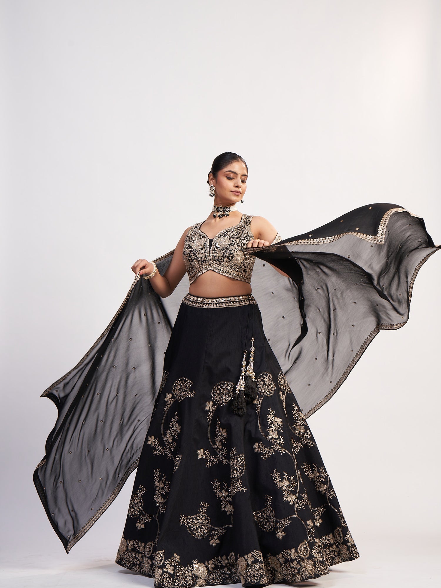 Black Georgette Crop Top with Thread & Sequin