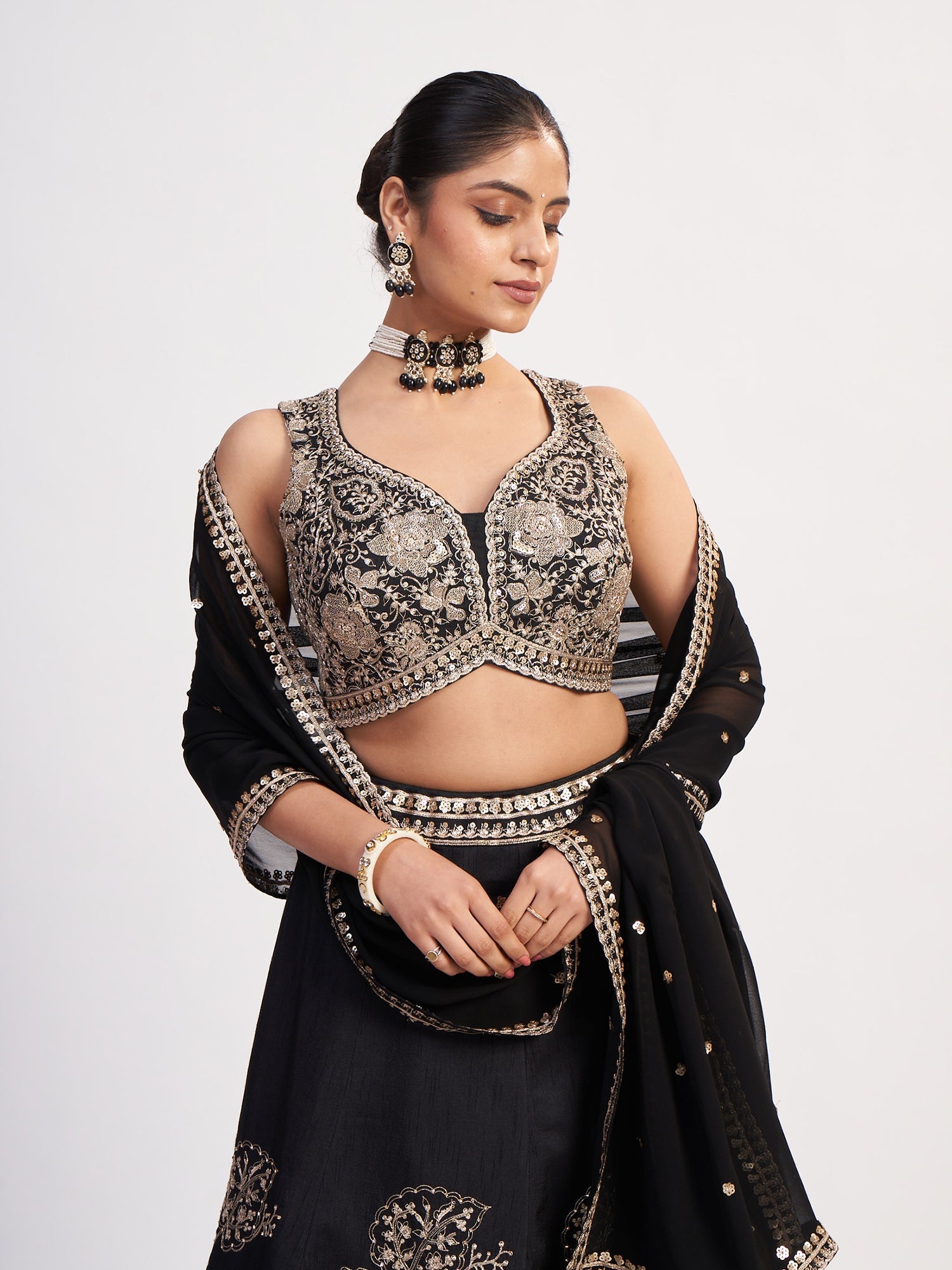 Black Georgette Crop Top with Thread & Sequin
