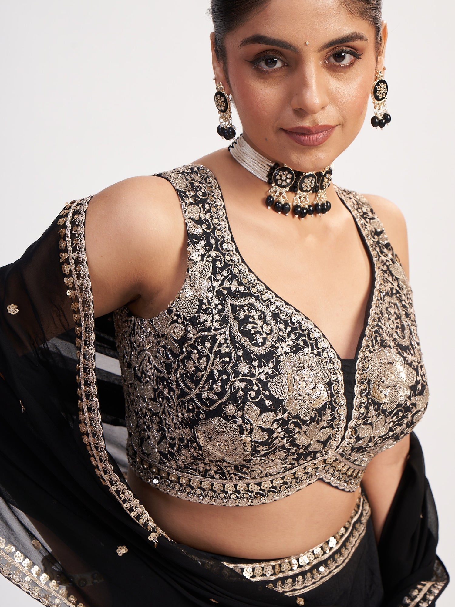 Black Georgette Crop Top with Thread & Sequin