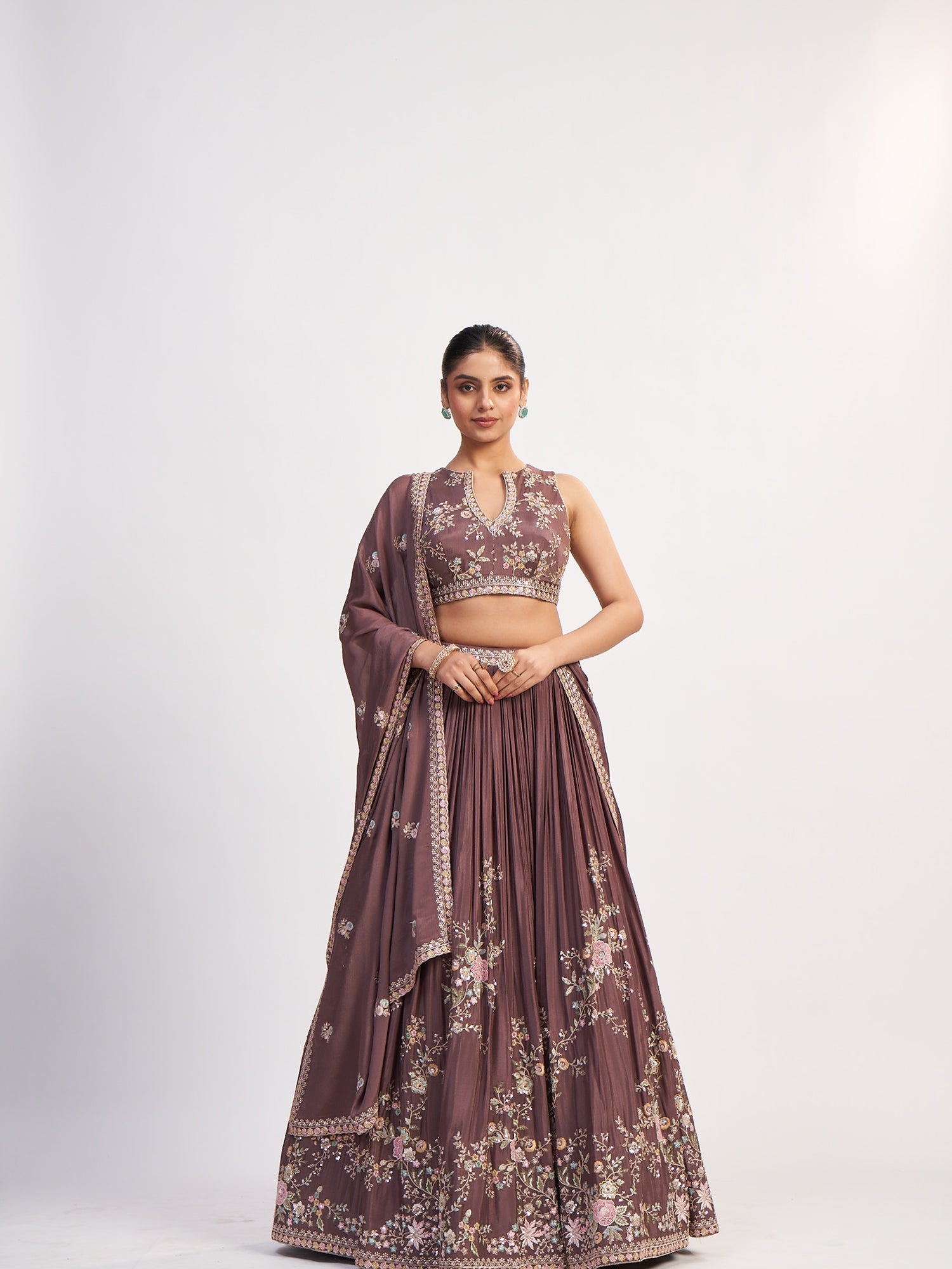 Brown Pure Chinon Crop Top with Multi-Thread