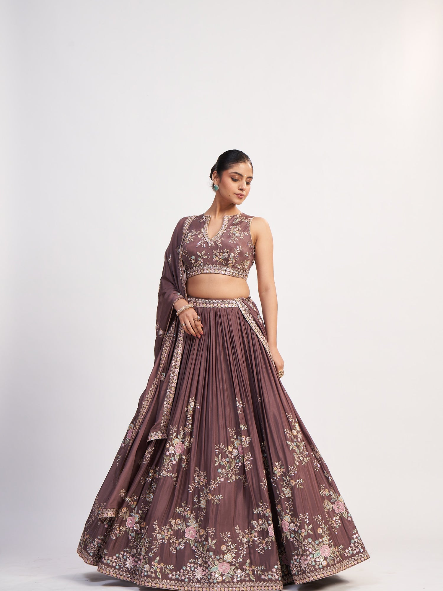 Brown Pure Chinon Crop Top with Multi-Thread