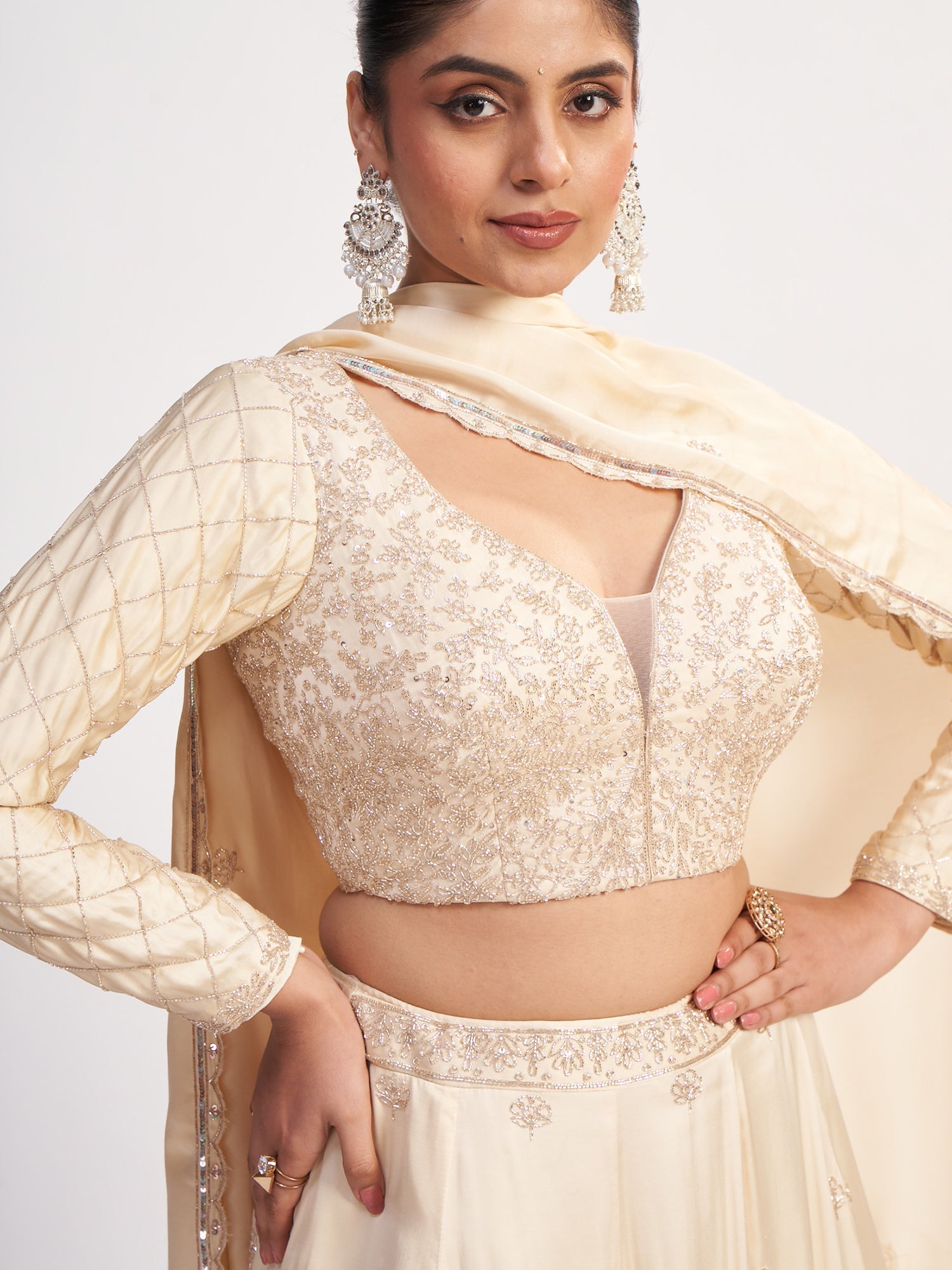 Cream Imported Crop Top with Hand Beadwork