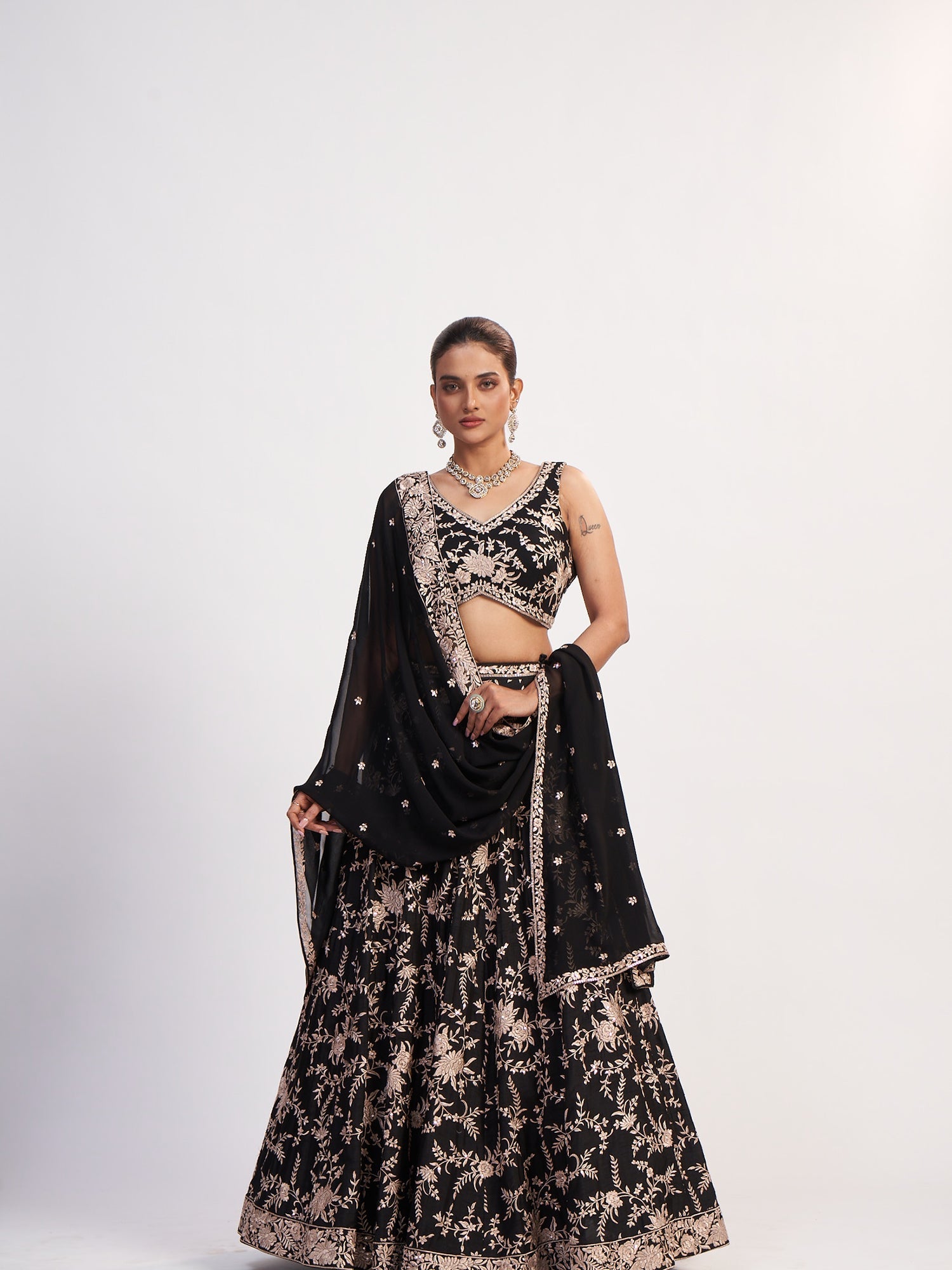 Black Gold Georgette Lehenga with Thread Embroidery