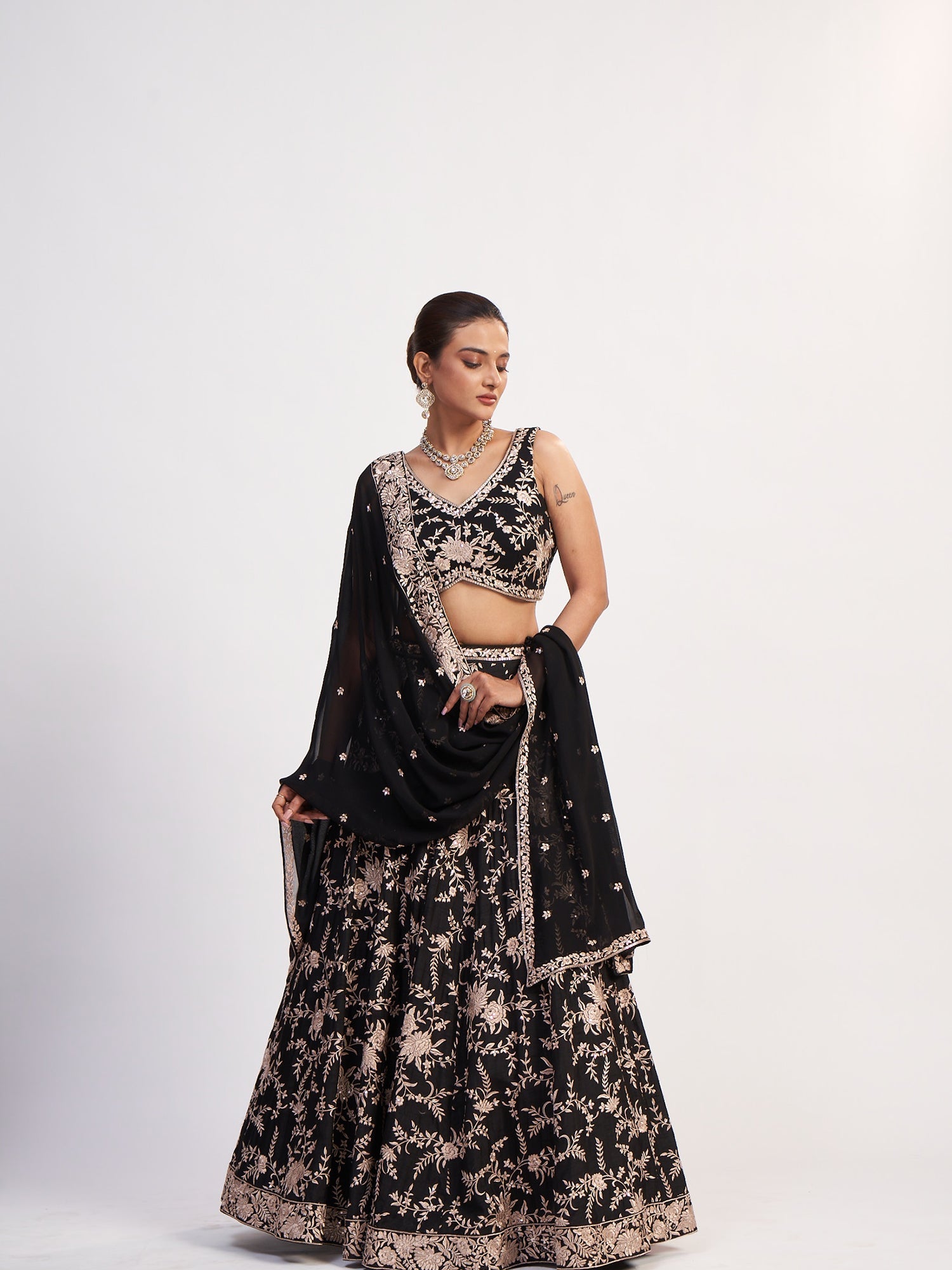 Black Gold Georgette Lehenga with Thread Embroidery