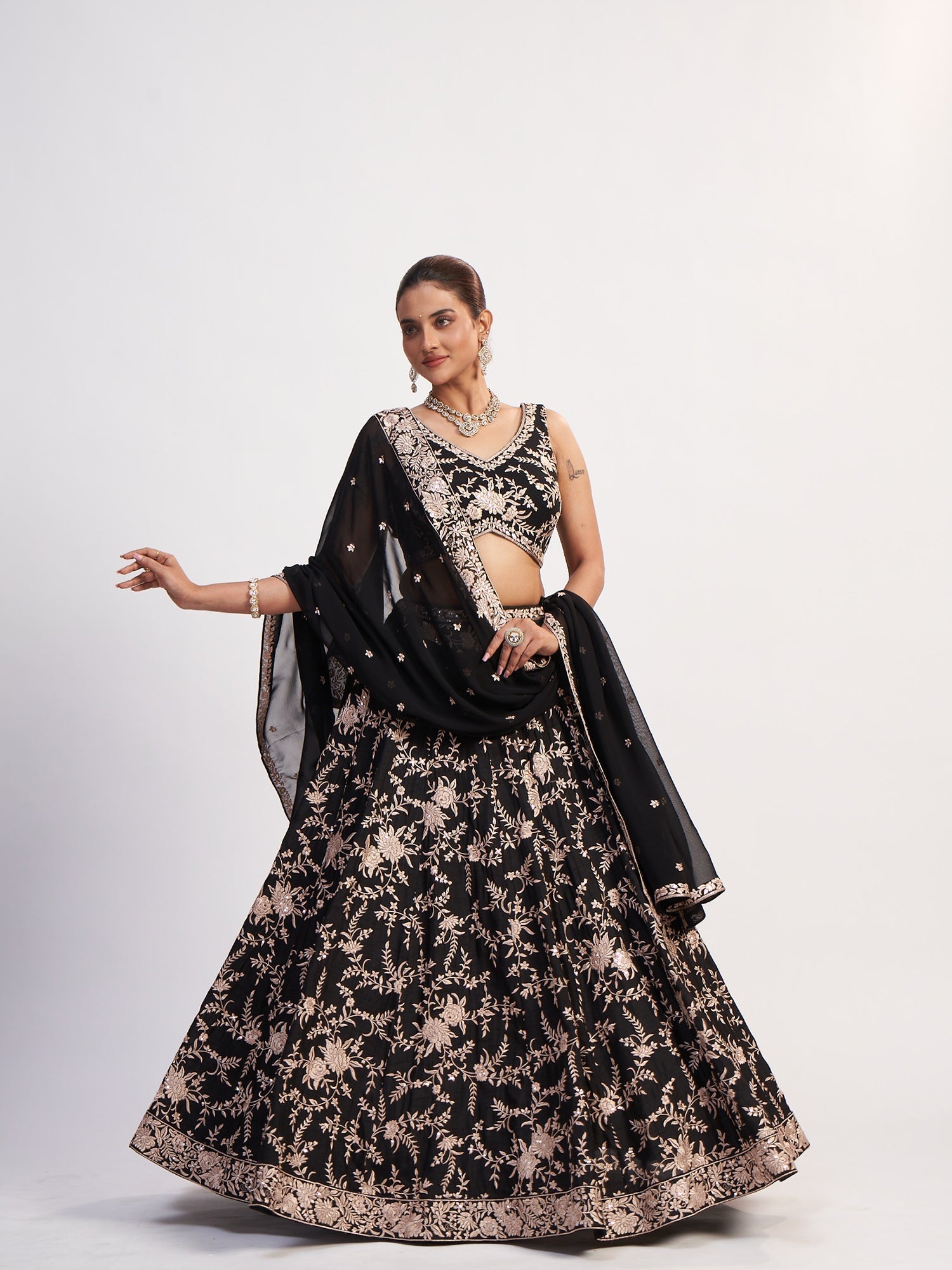 Black Gold Georgette Lehenga with Thread Embroidery