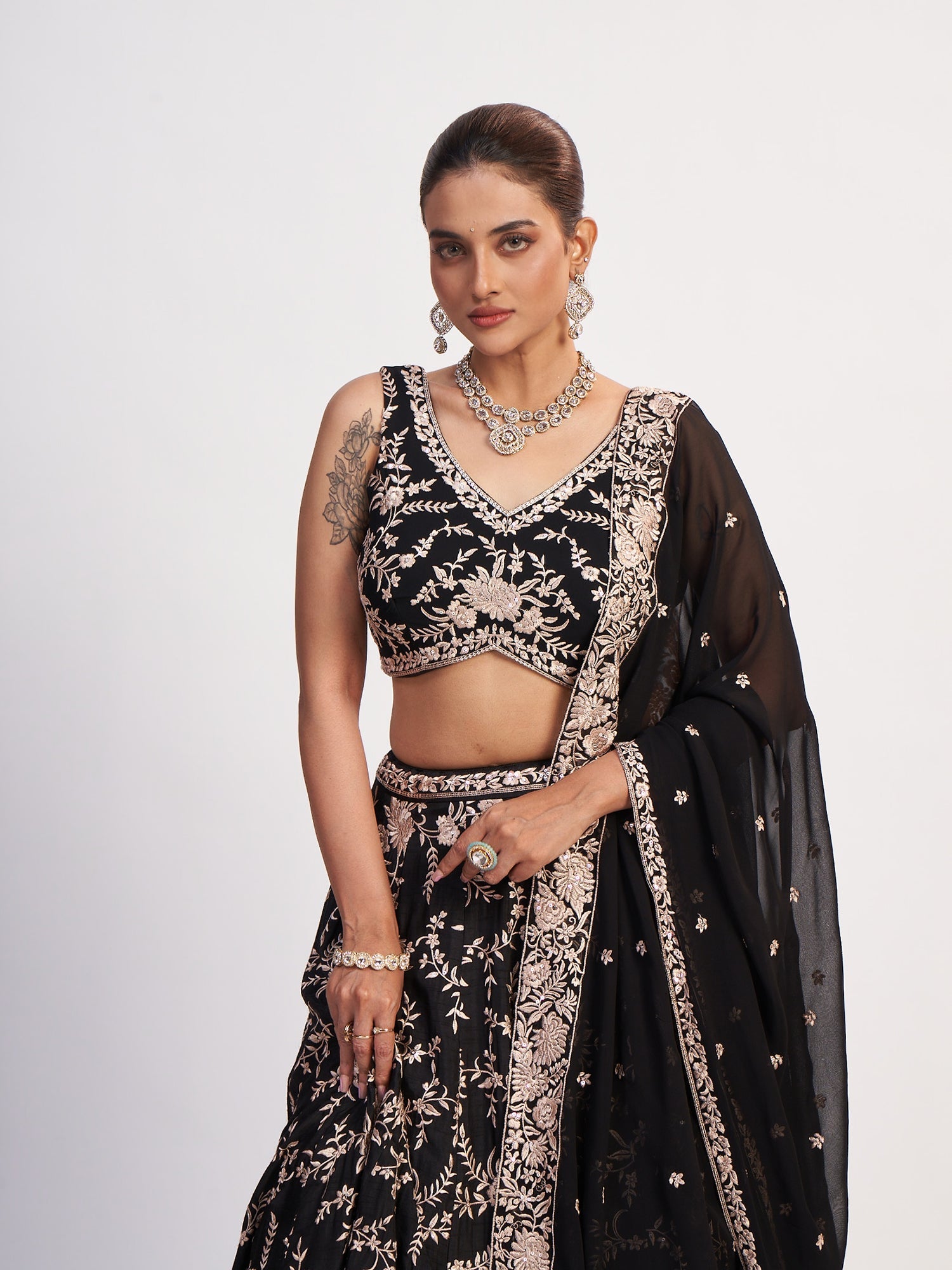 Black Gold Georgette Lehenga with Thread Embroidery