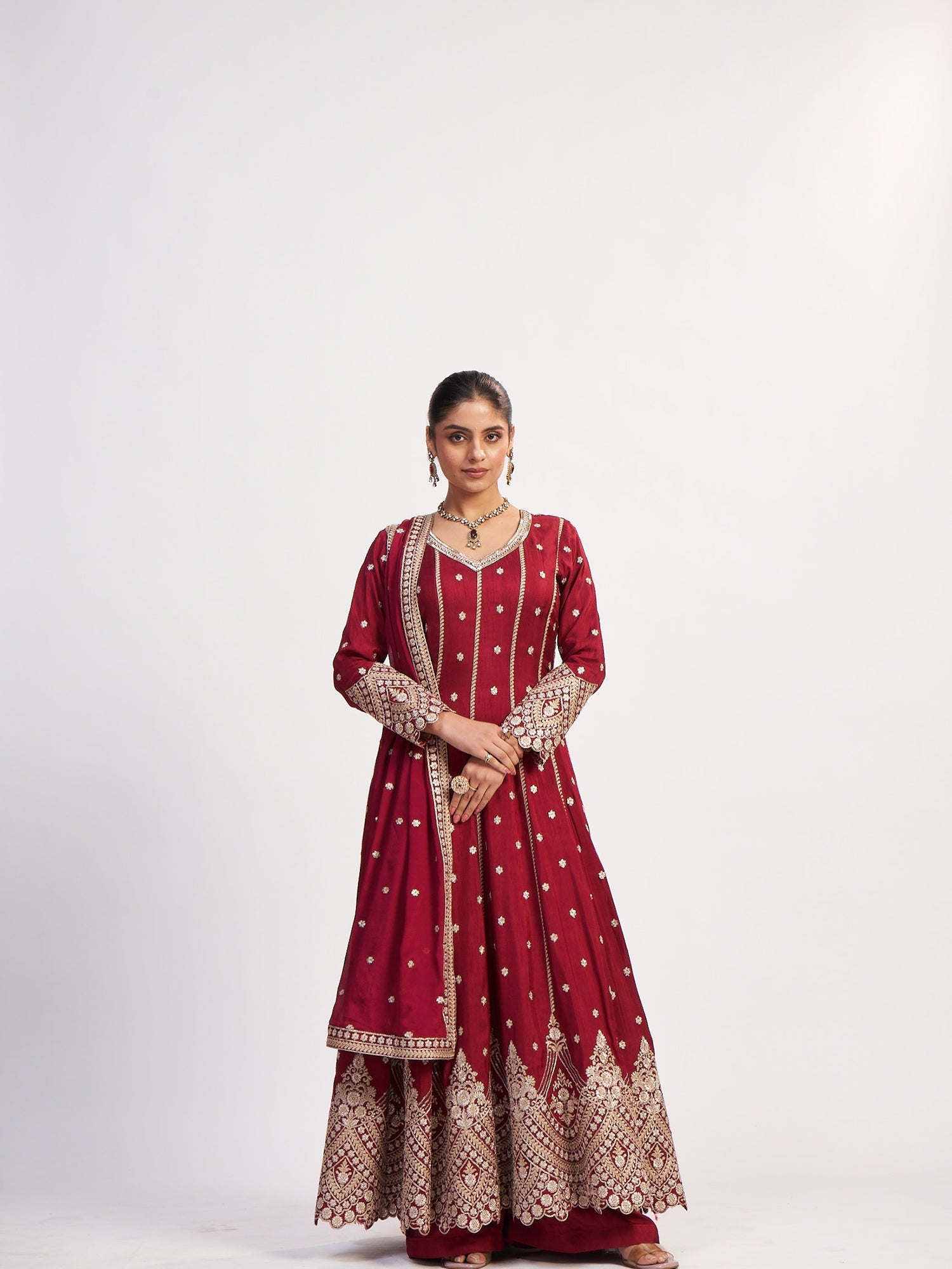 Maroon Pure Satin Suit with Thread Embroidery
