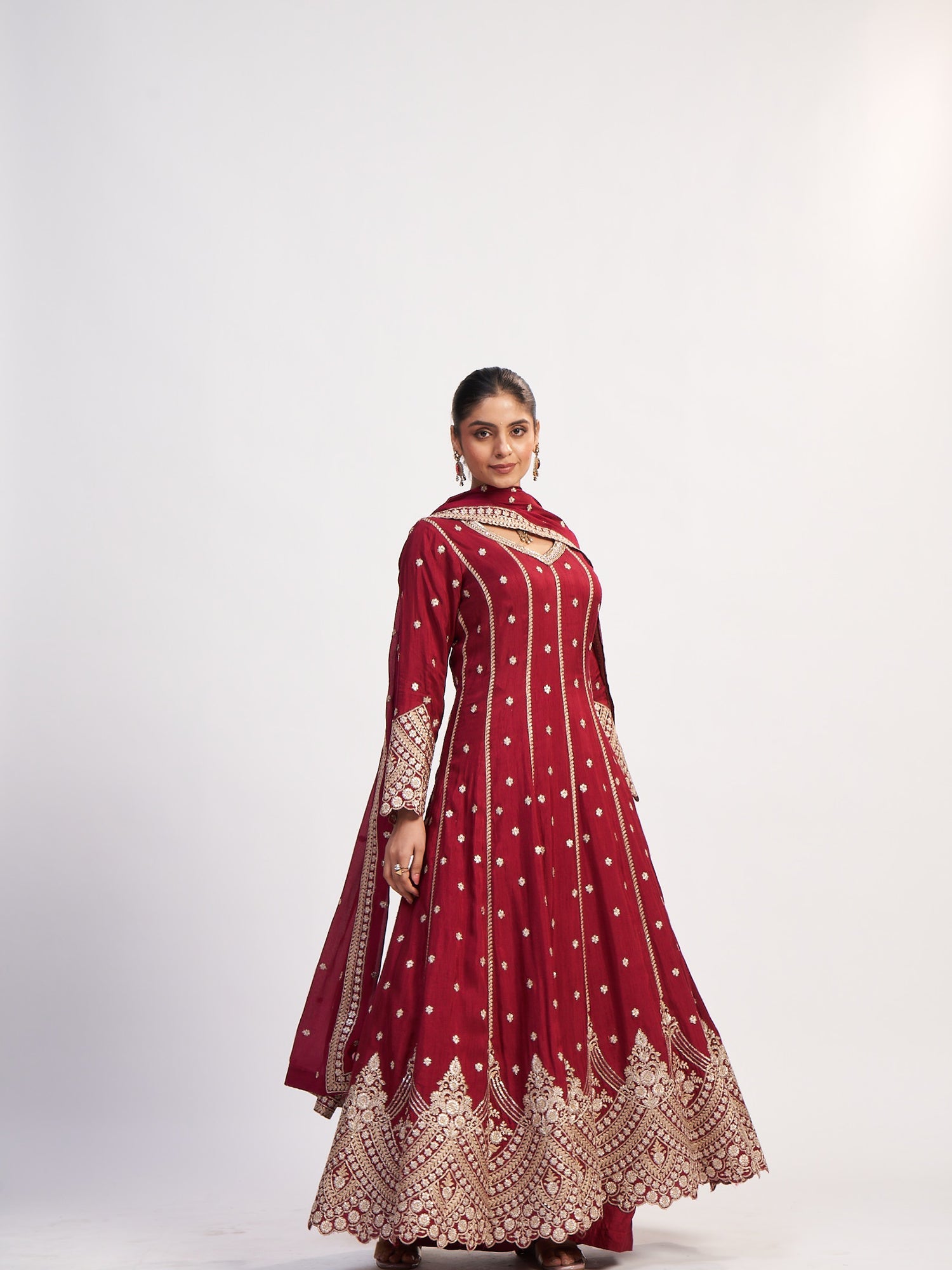 Maroon Pure Satin Suit with Thread Embroidery