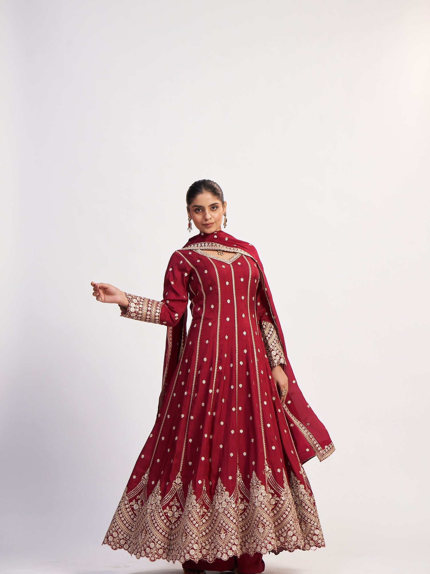 Maroon Pure Satin Suit with Thread Embroidery