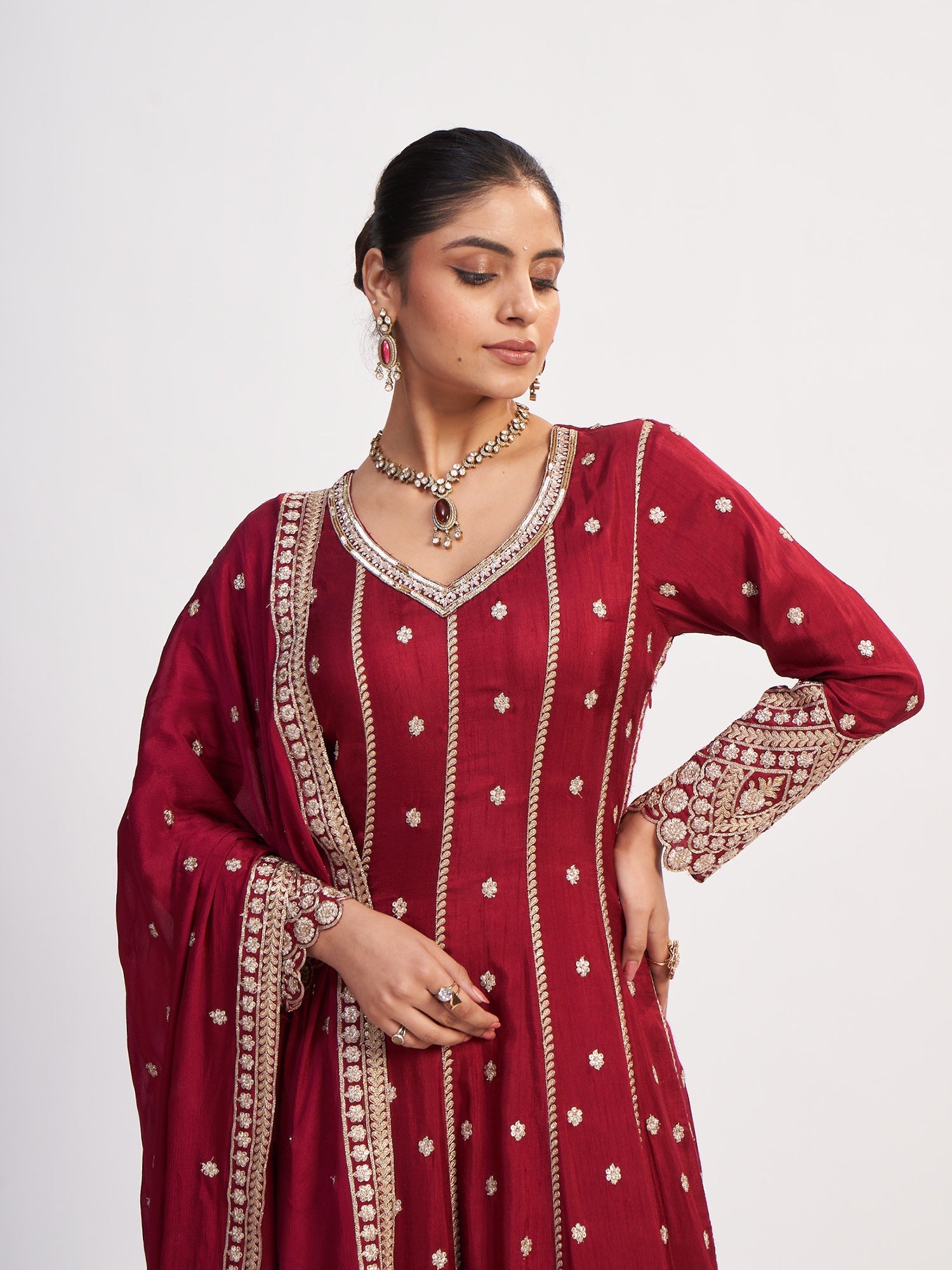 Maroon Pure Satin Suit with Thread Embroidery
