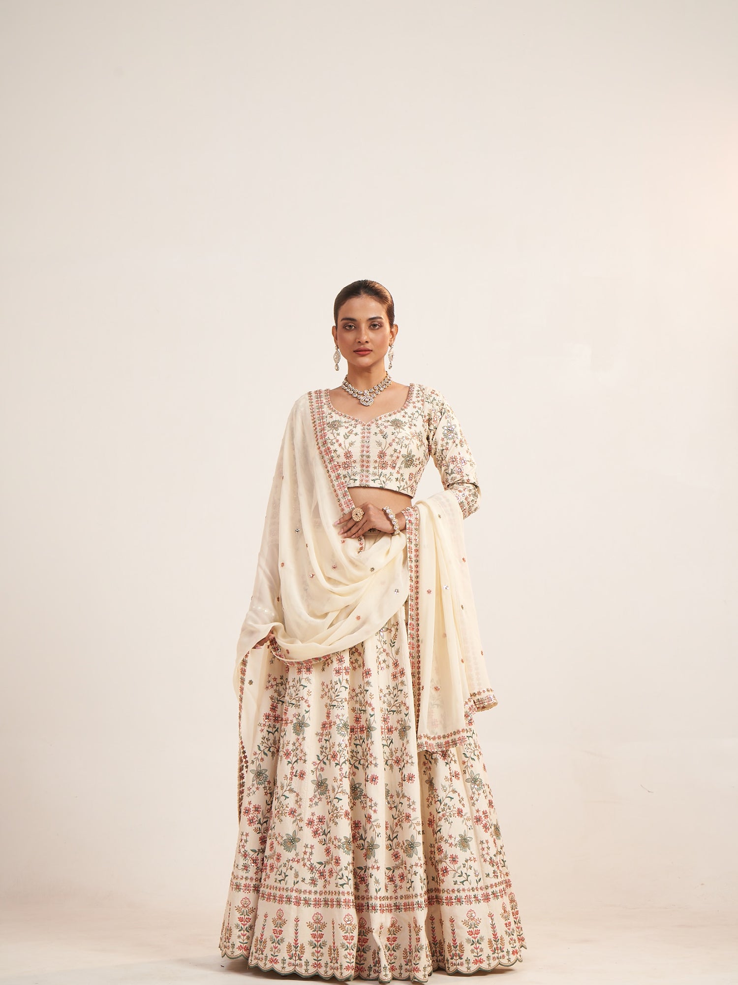 Cream Georgette Crop Top with Multi-Thread