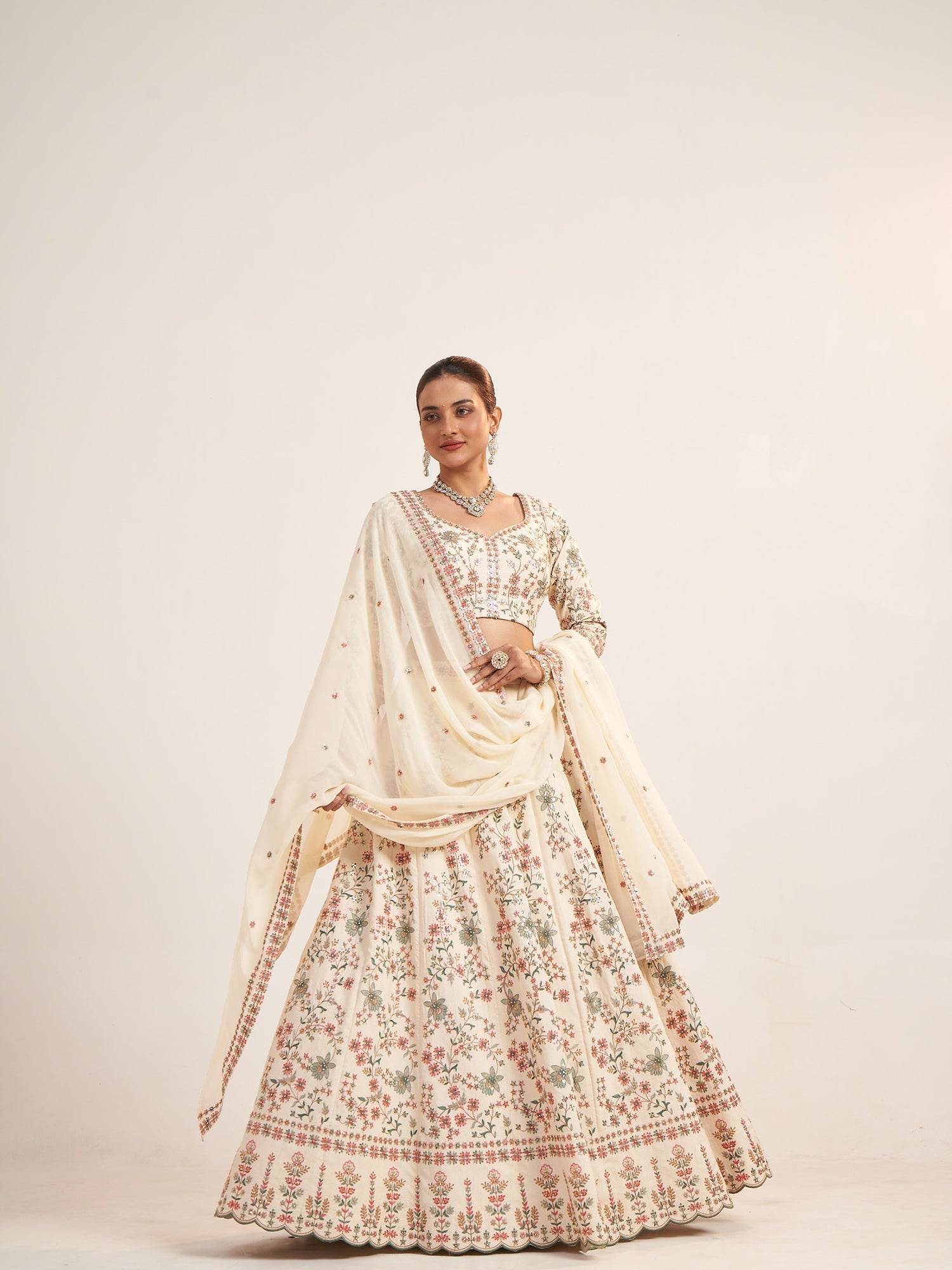 Cream Georgette Crop Top with Multi-Thread