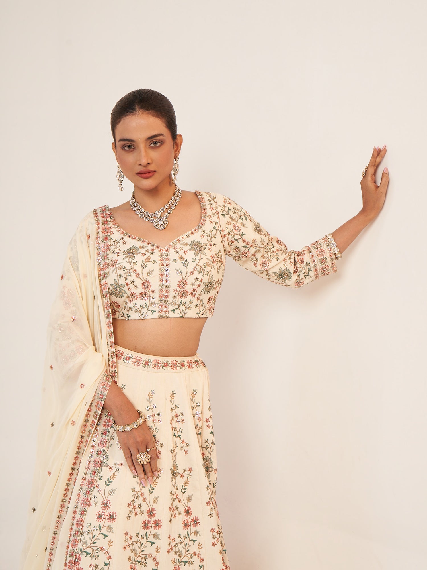 Cream Georgette Crop Top with Multi-Thread