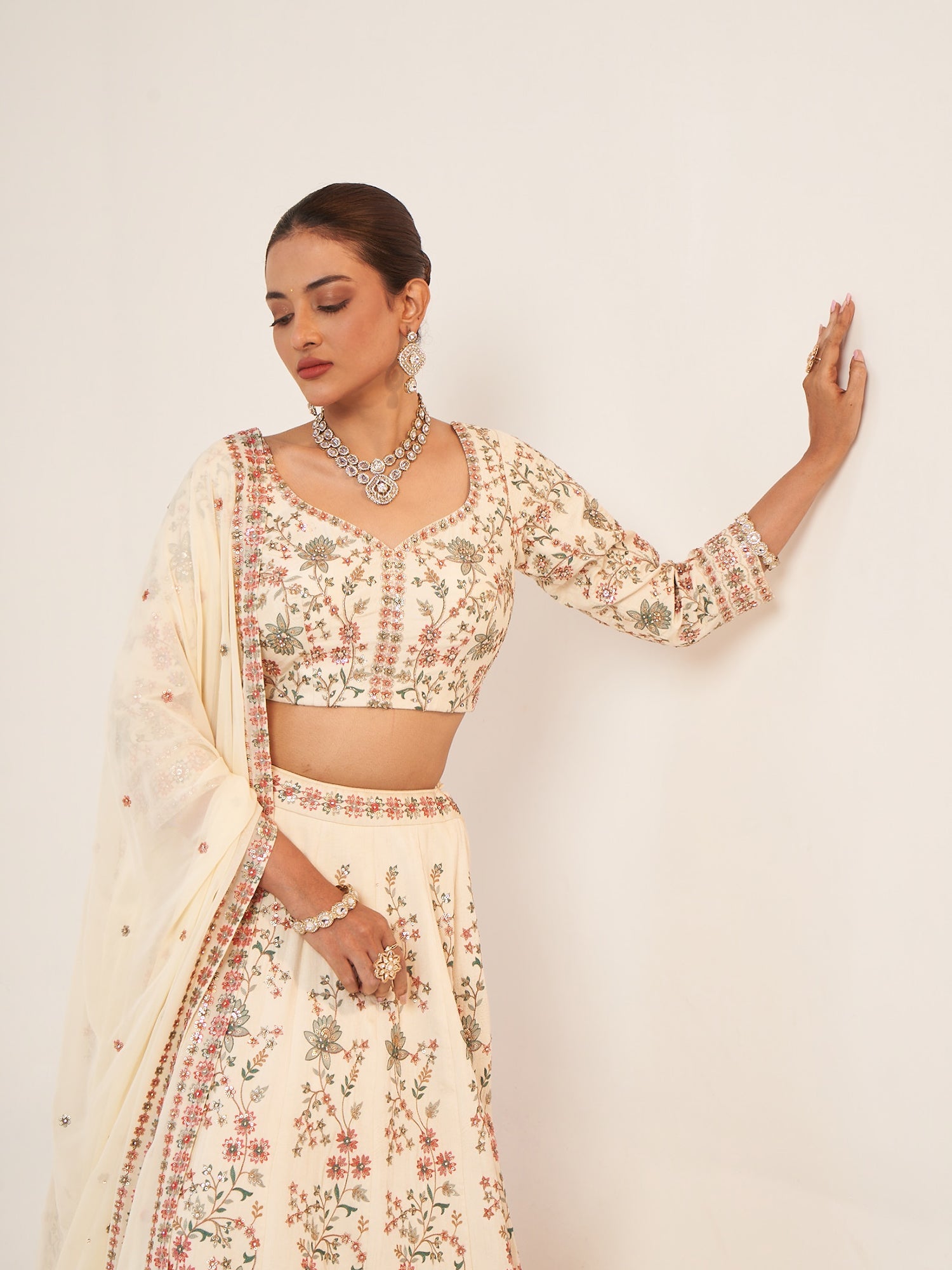 Cream Georgette Crop Top with Multi-Thread
