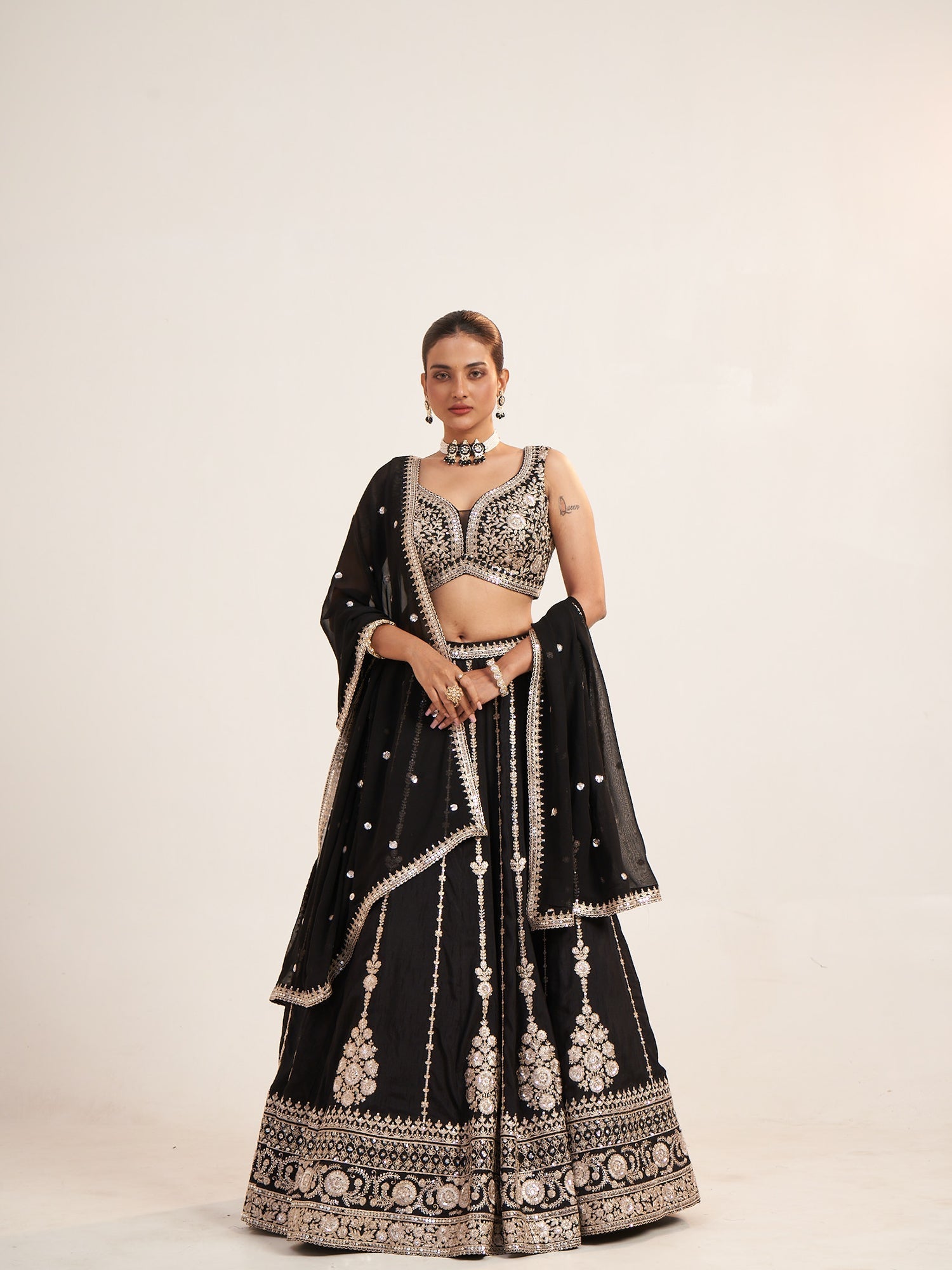 Black Georgette Crop Top with Black & Gold Thread