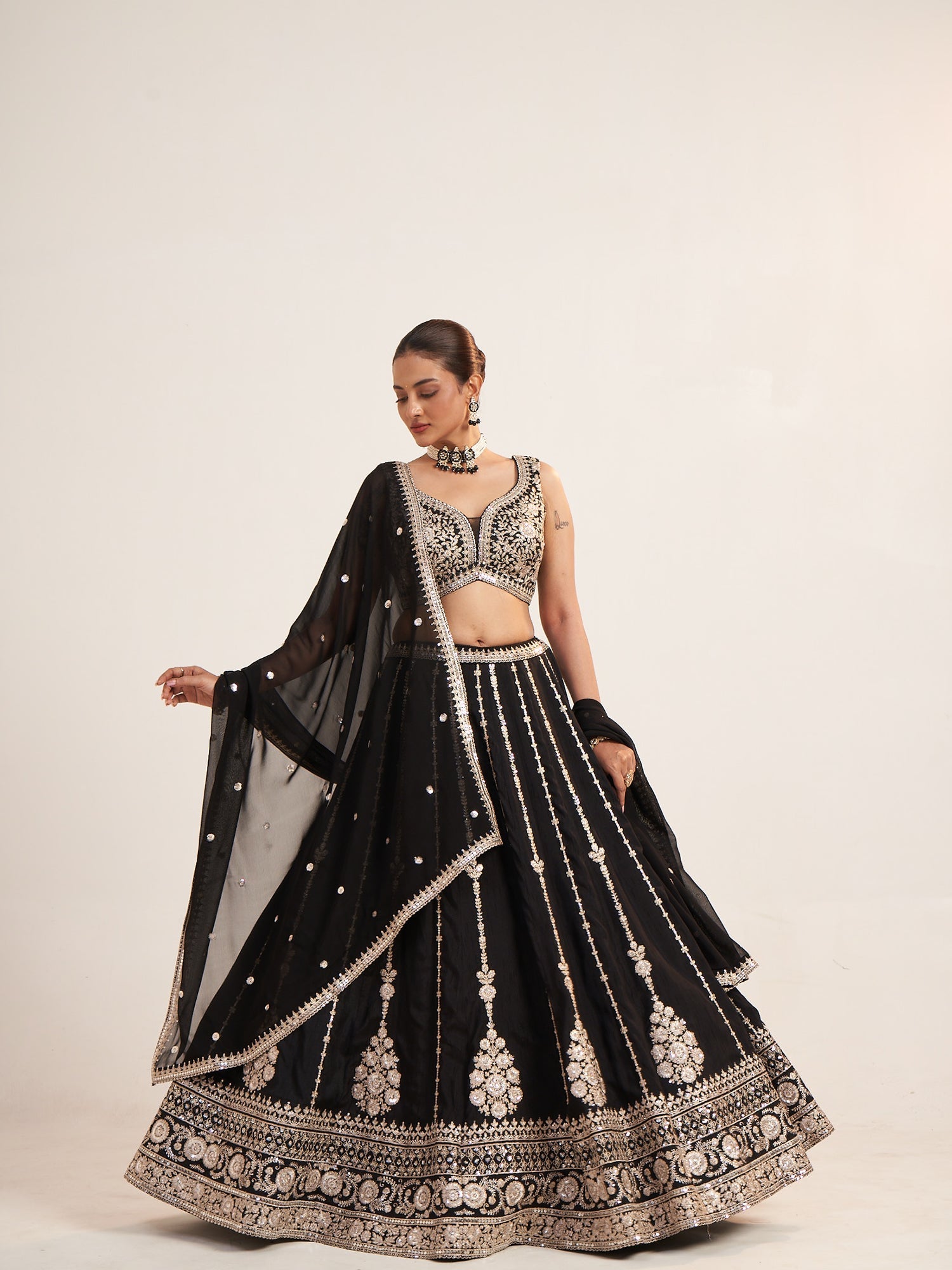 Black Georgette Crop Top with Black & Gold Thread