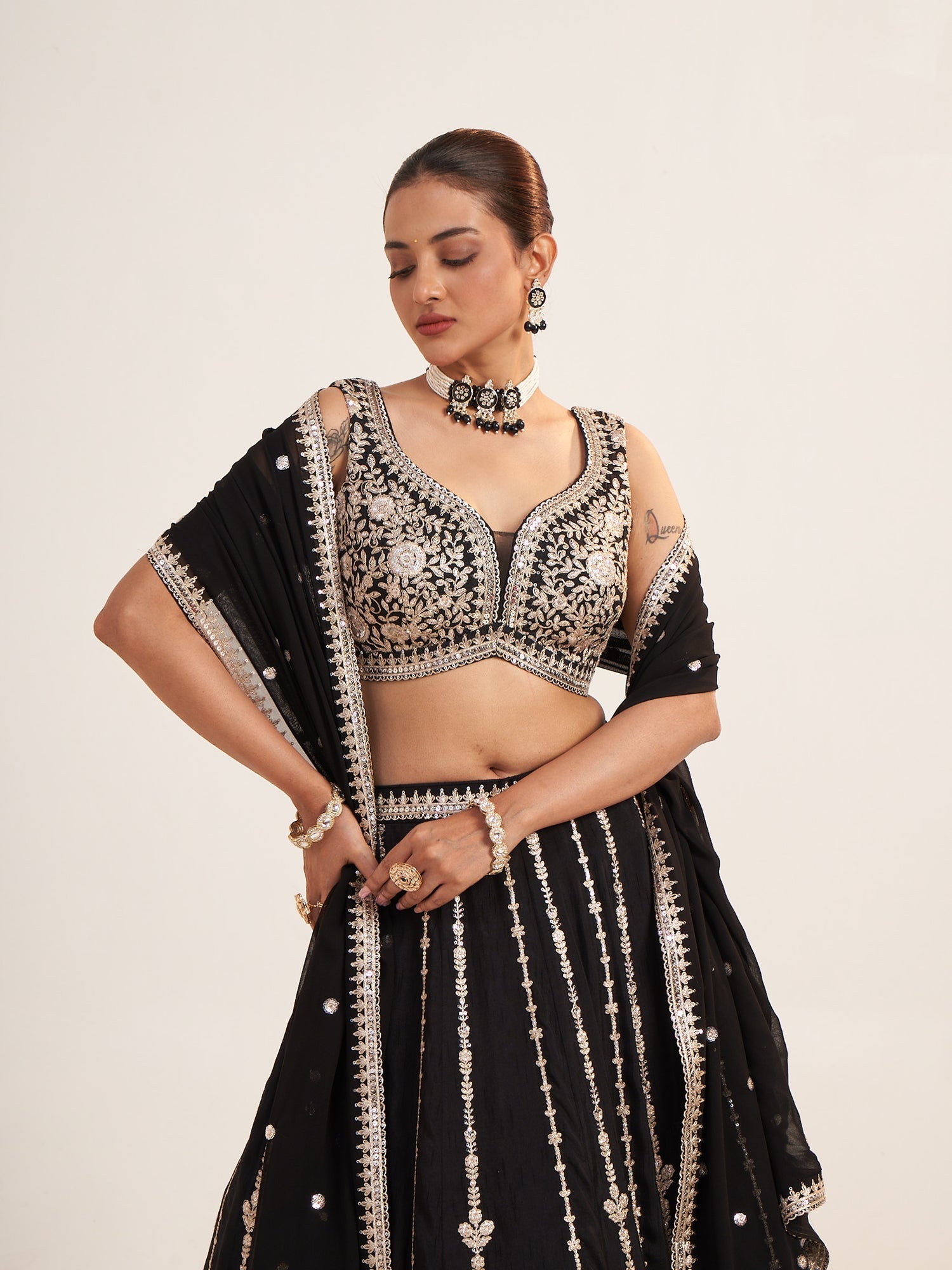 Black Georgette Crop Top with Black & Gold Thread