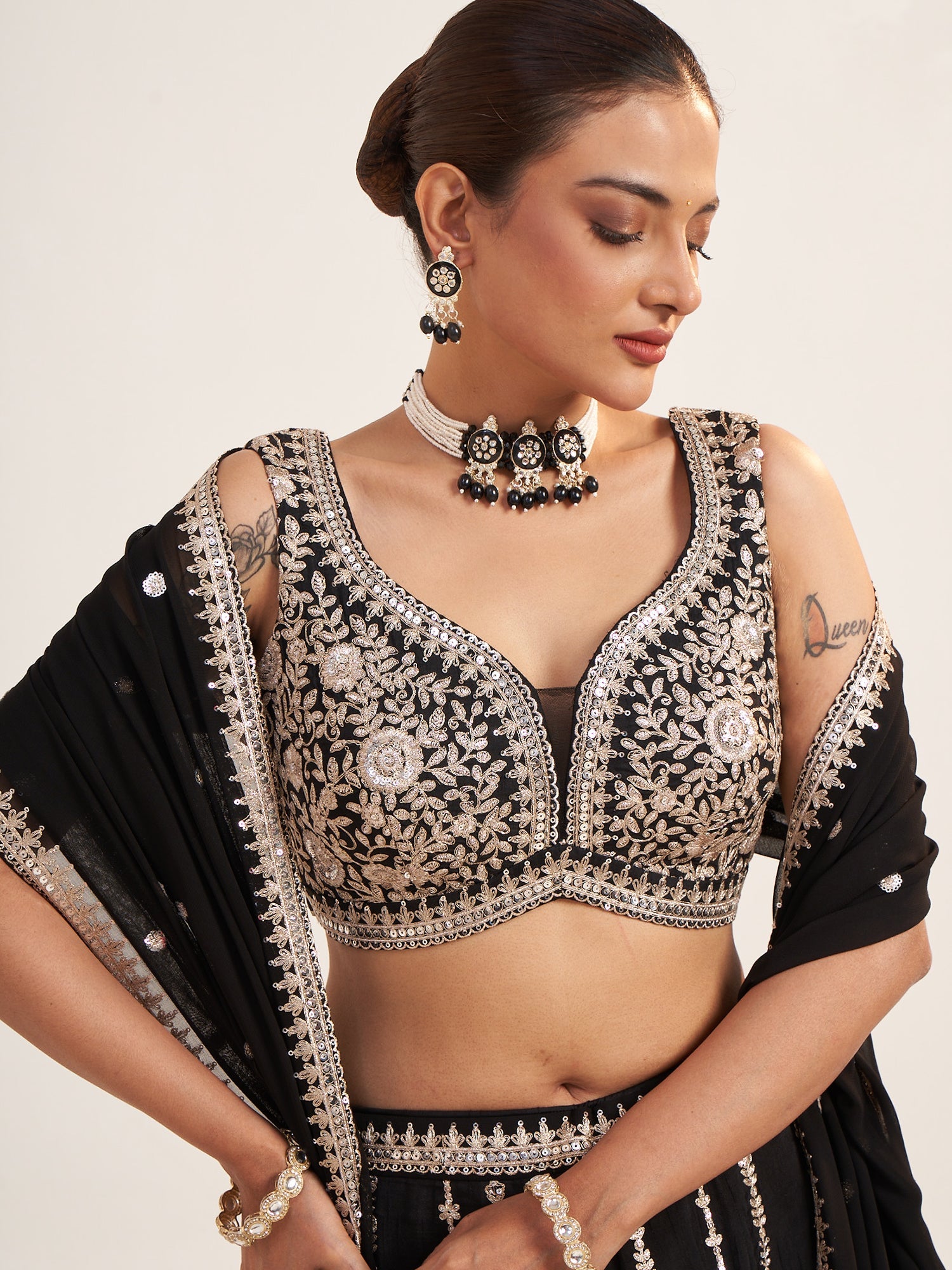 Black Georgette Crop Top with Black & Gold Thread