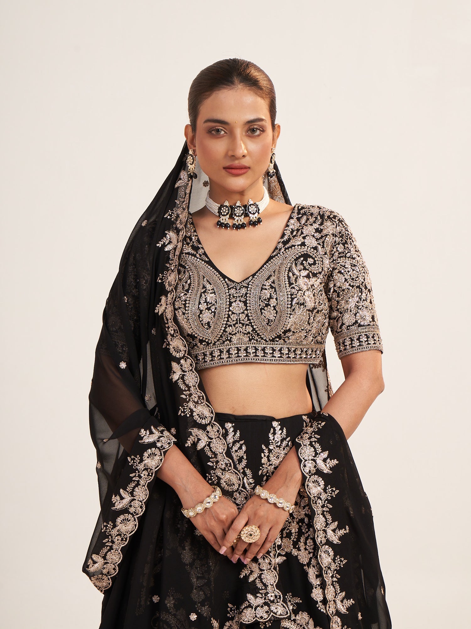Black Gold Georgette Crop Top with Thread