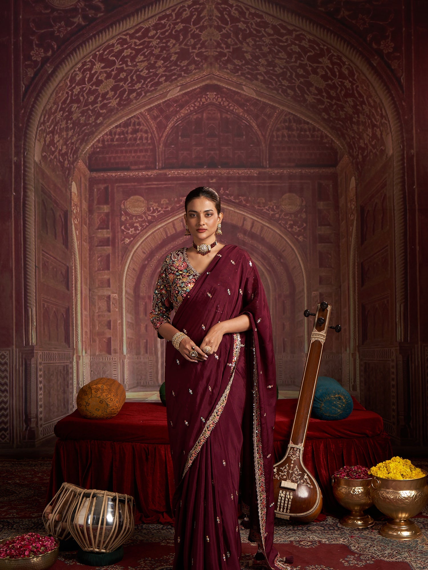 Handcrafted Multi-Thread & Sequin Chinon Saree