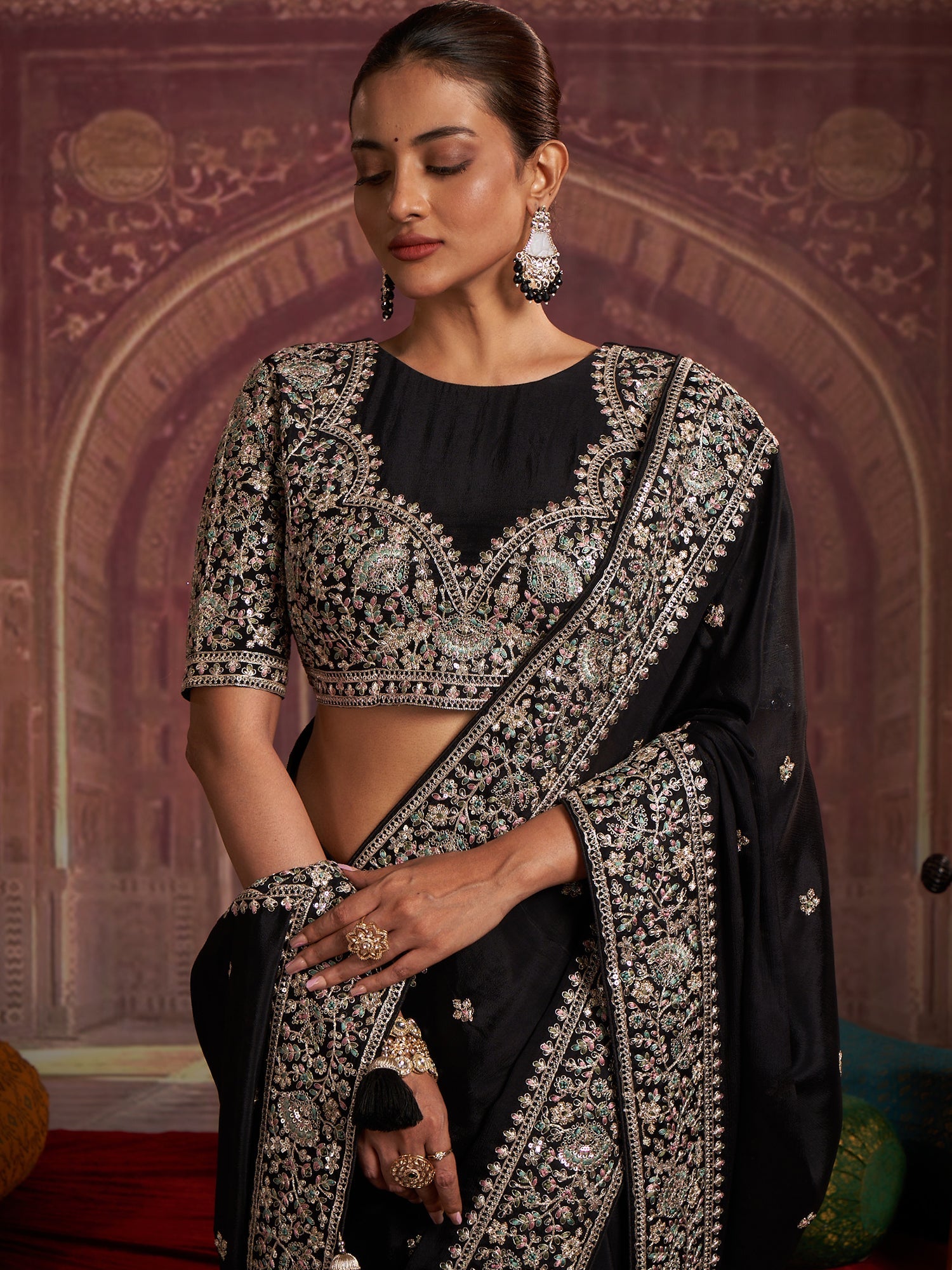 Pure Chinon Multi-Thread Embroidery Saree