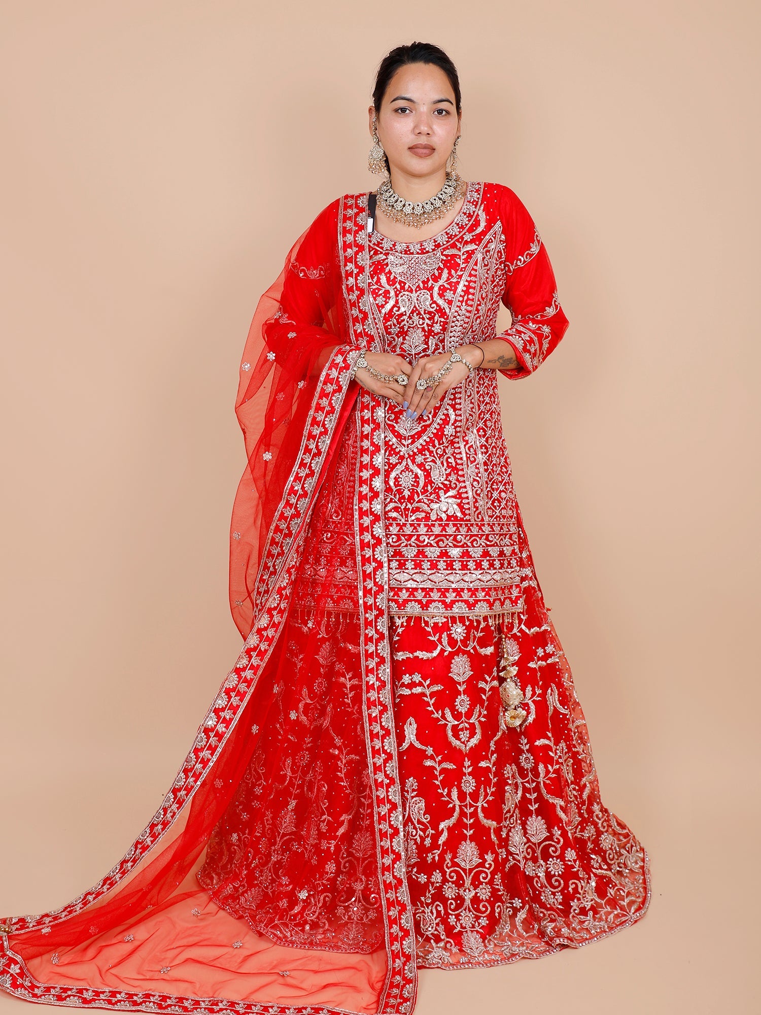 Red Net Lehenga with Jarkan Thread Embroidery