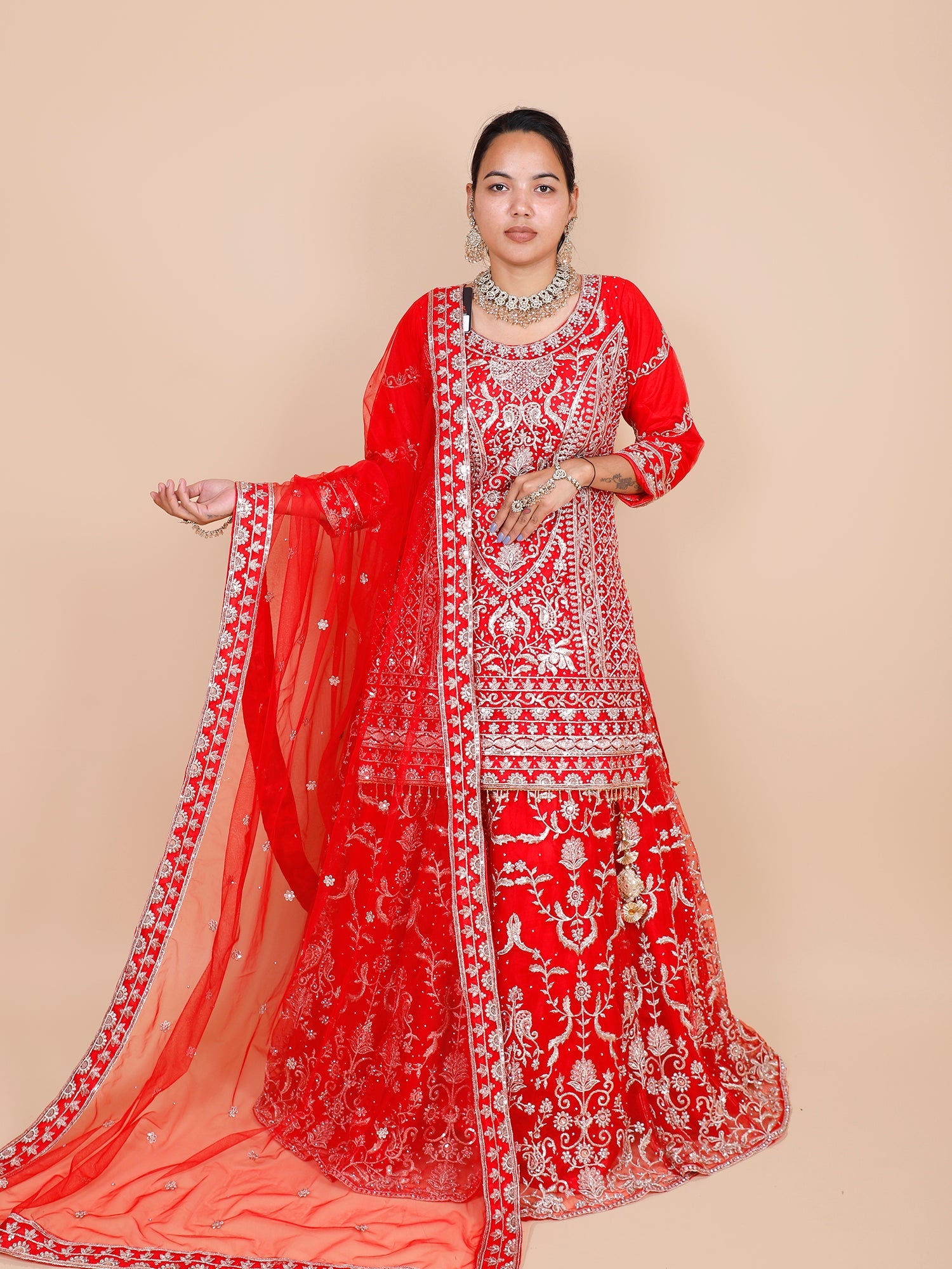 Red Net Lehenga with Jarkan Thread Embroidery