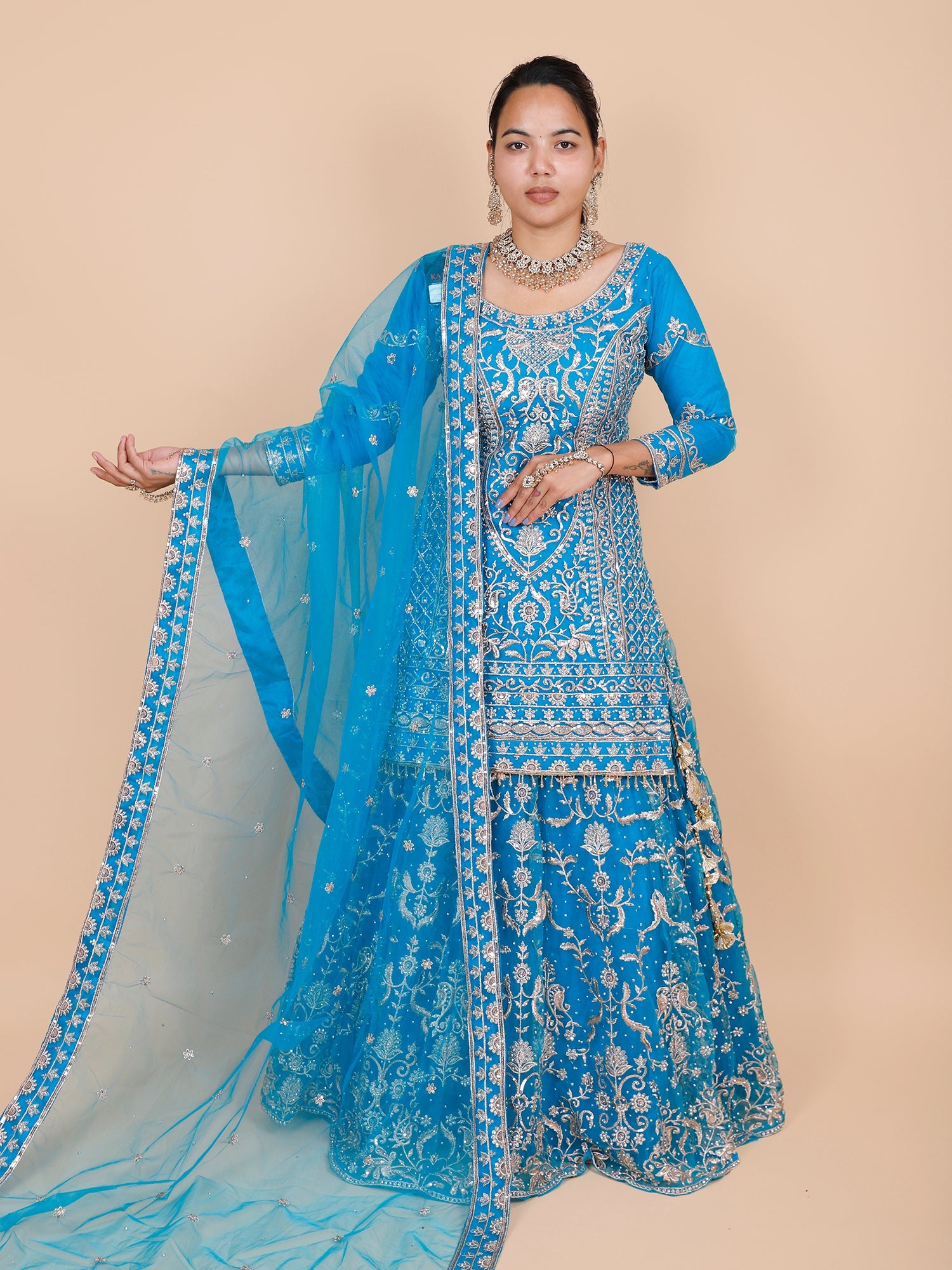 Blue Net Lehenga with Jarkan