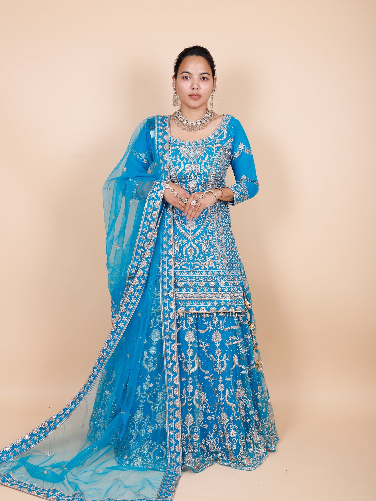 Blue Net Lehenga with Jarkan
