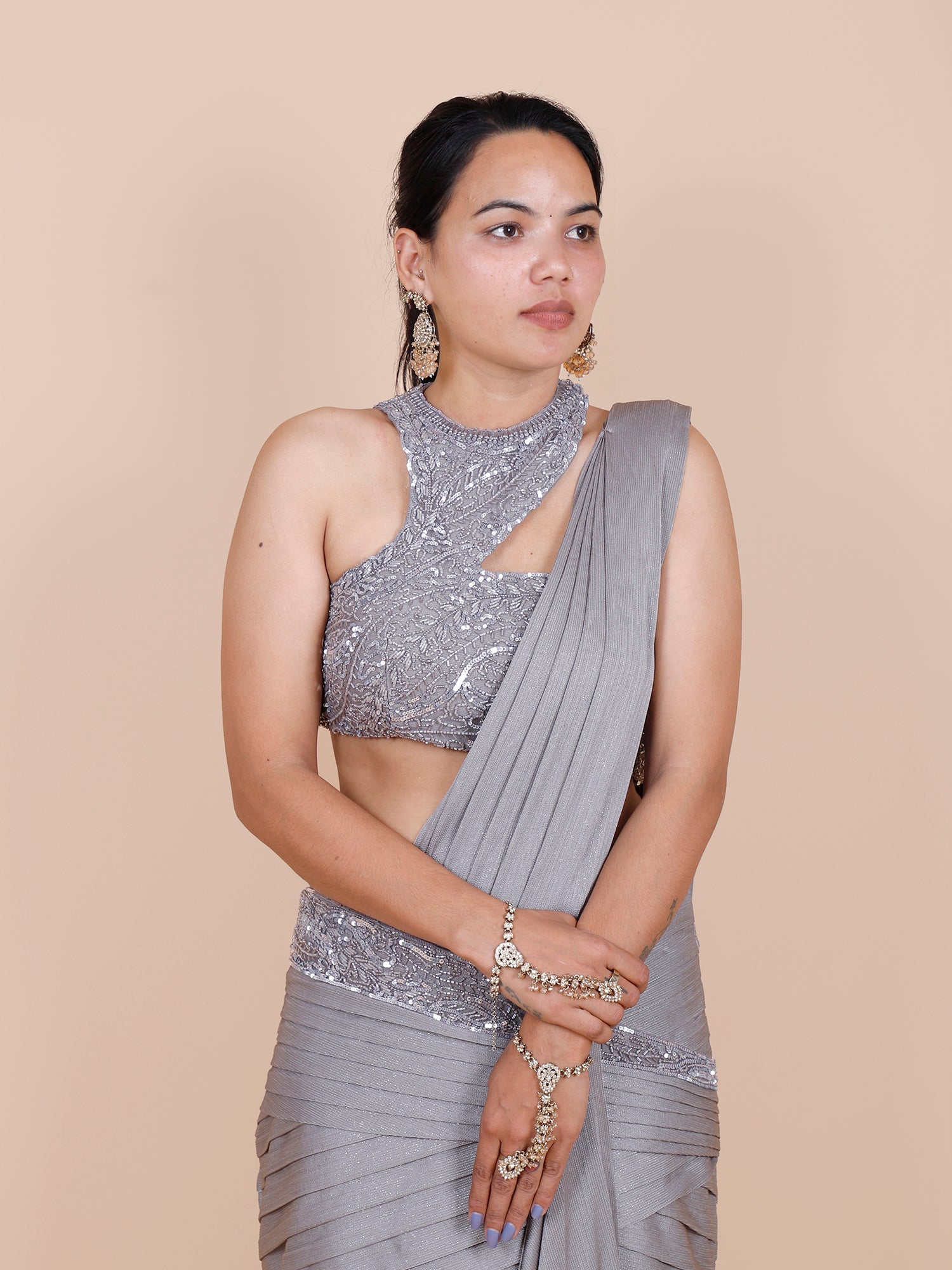 Elegant Grey Twill Lycra Indo Western
