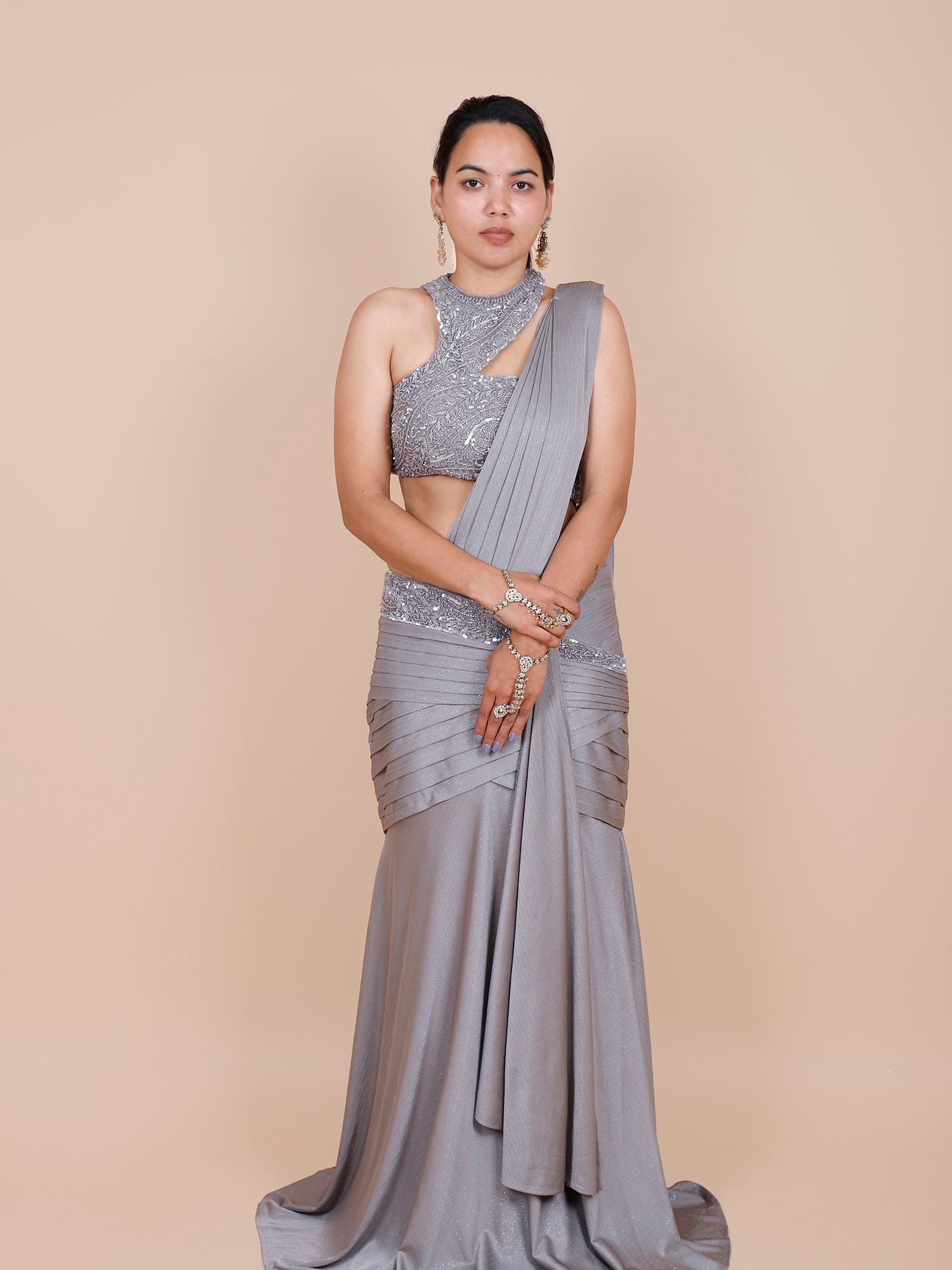 Elegant Grey Twill Lycra Indo Western