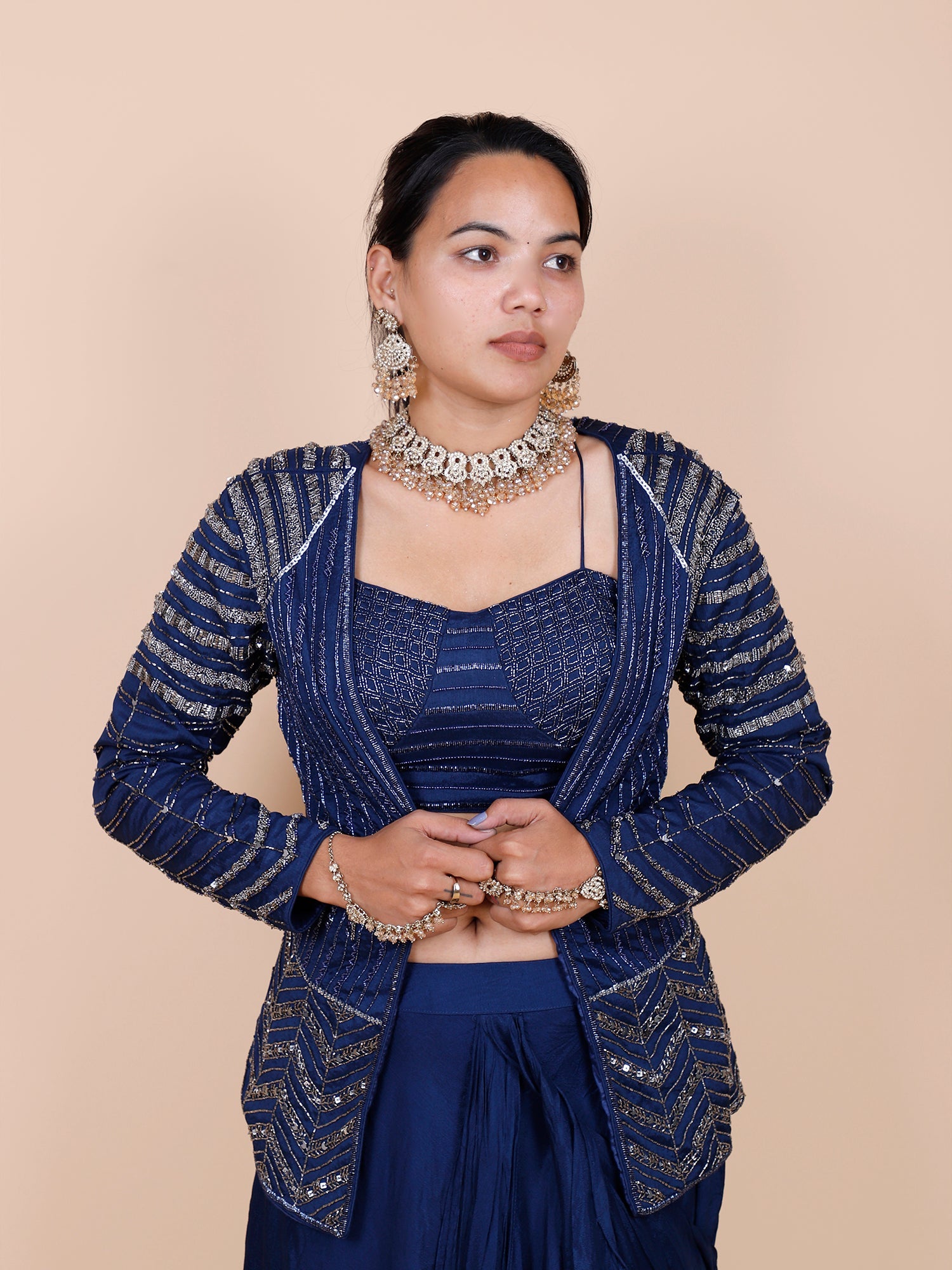 Blue Chinon Indo Western with Handwork