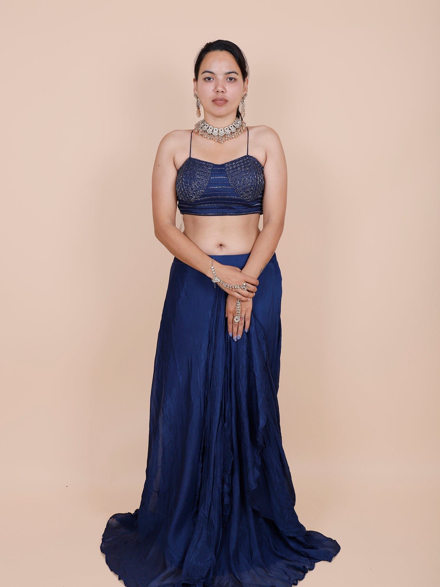 Blue Chinon Indo Western with Handwork