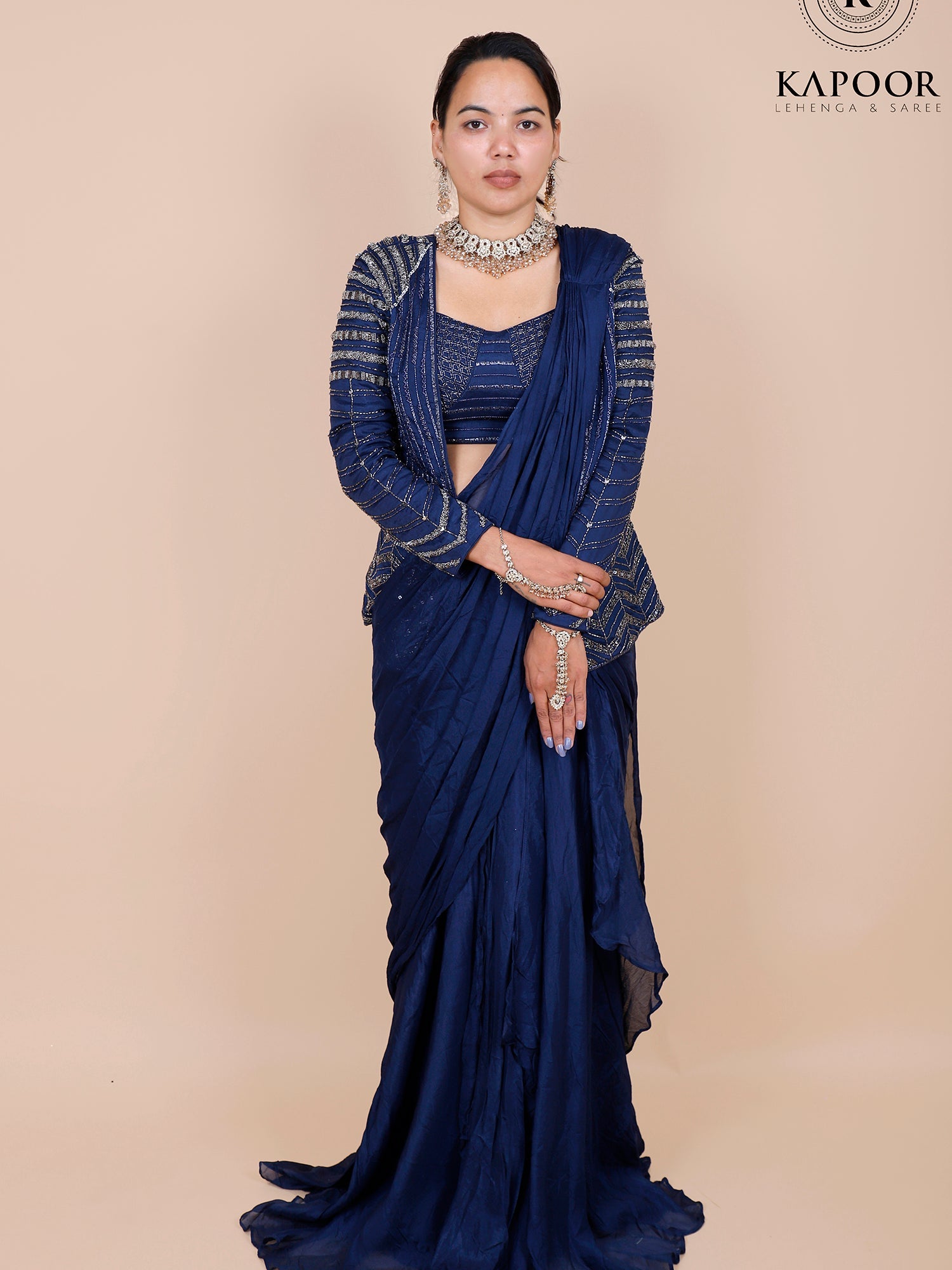 Blue Chinon Indo Western with Handwork
