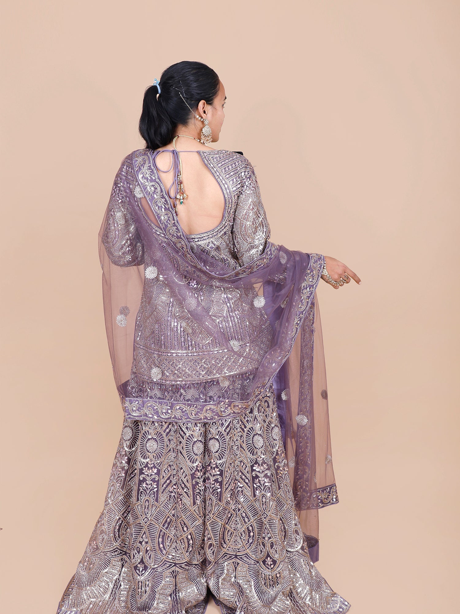 Lavender Net Indo-Western Outfit with Thread