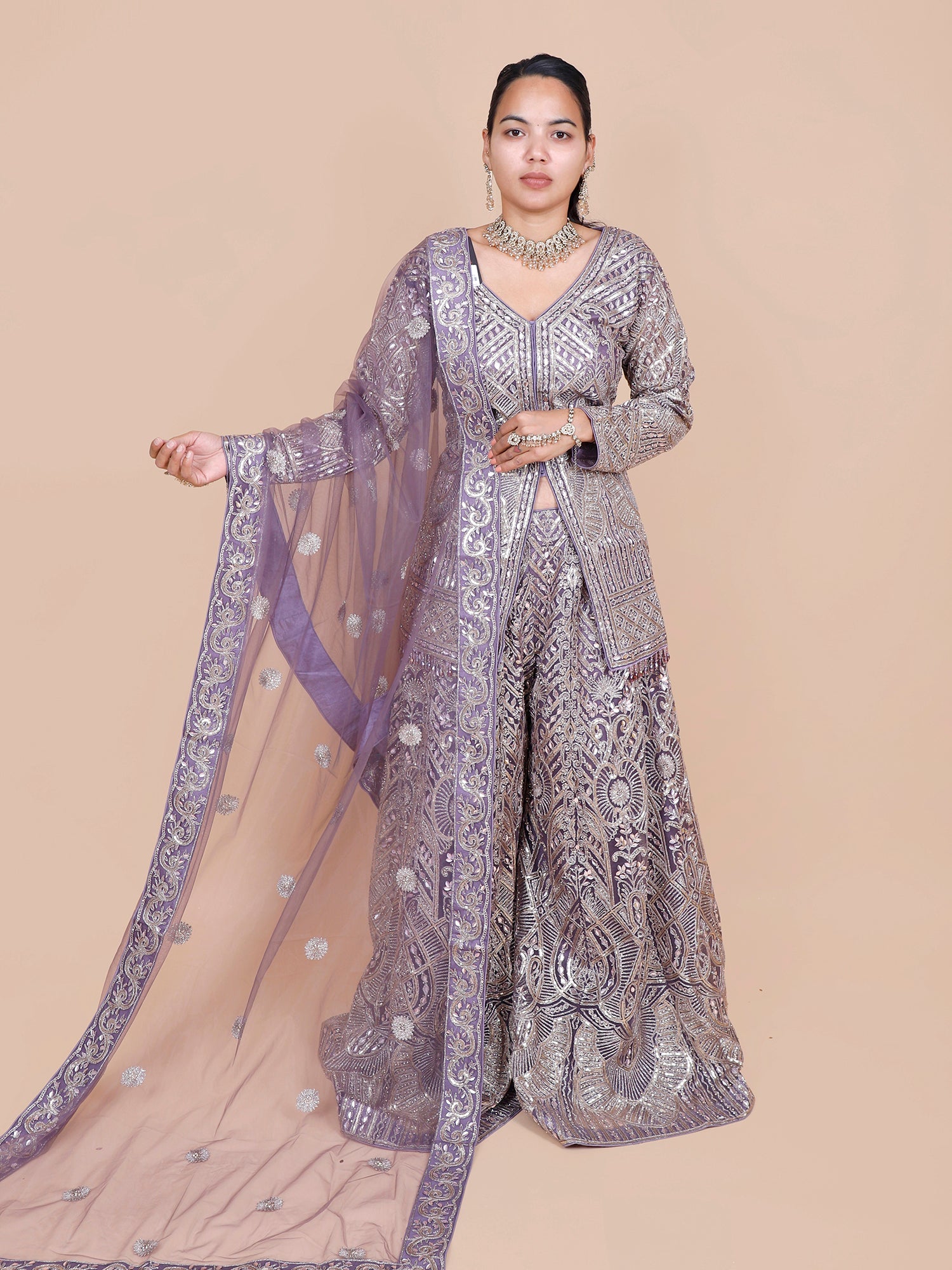 Lavender Net Indo-Western Outfit with Thread