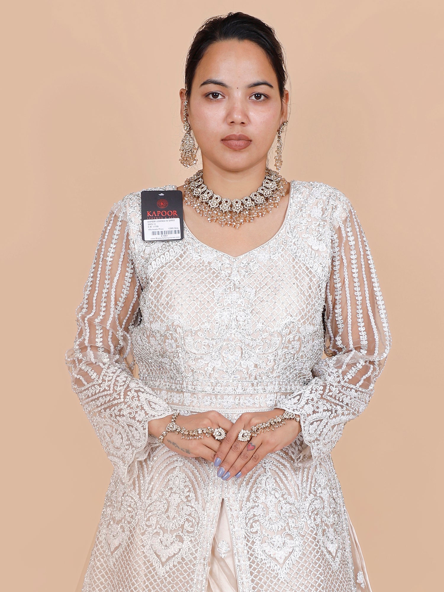 Off-White Net Gown with Heavy Thread
