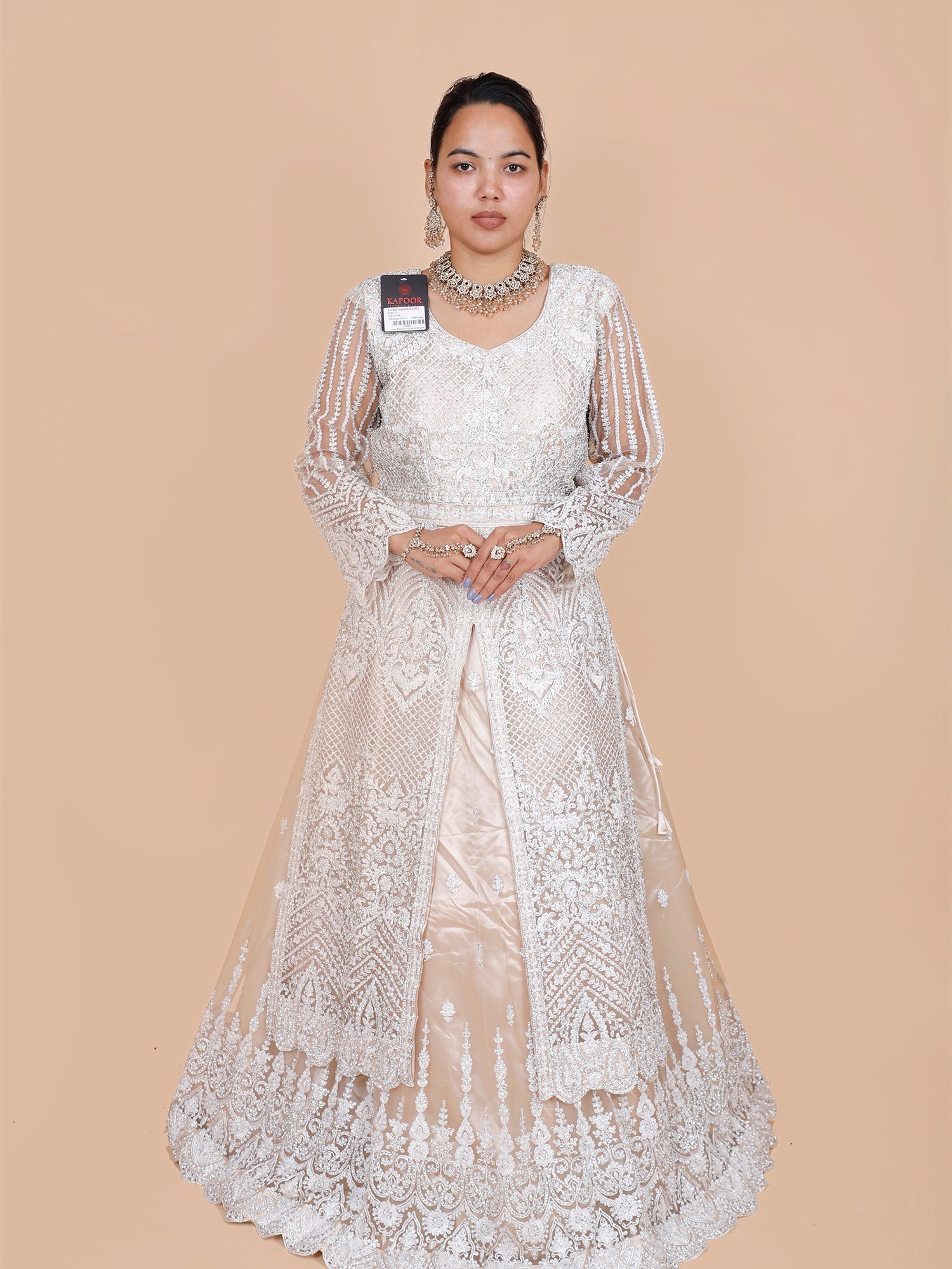 Off-White Net Gown with Heavy Thread
